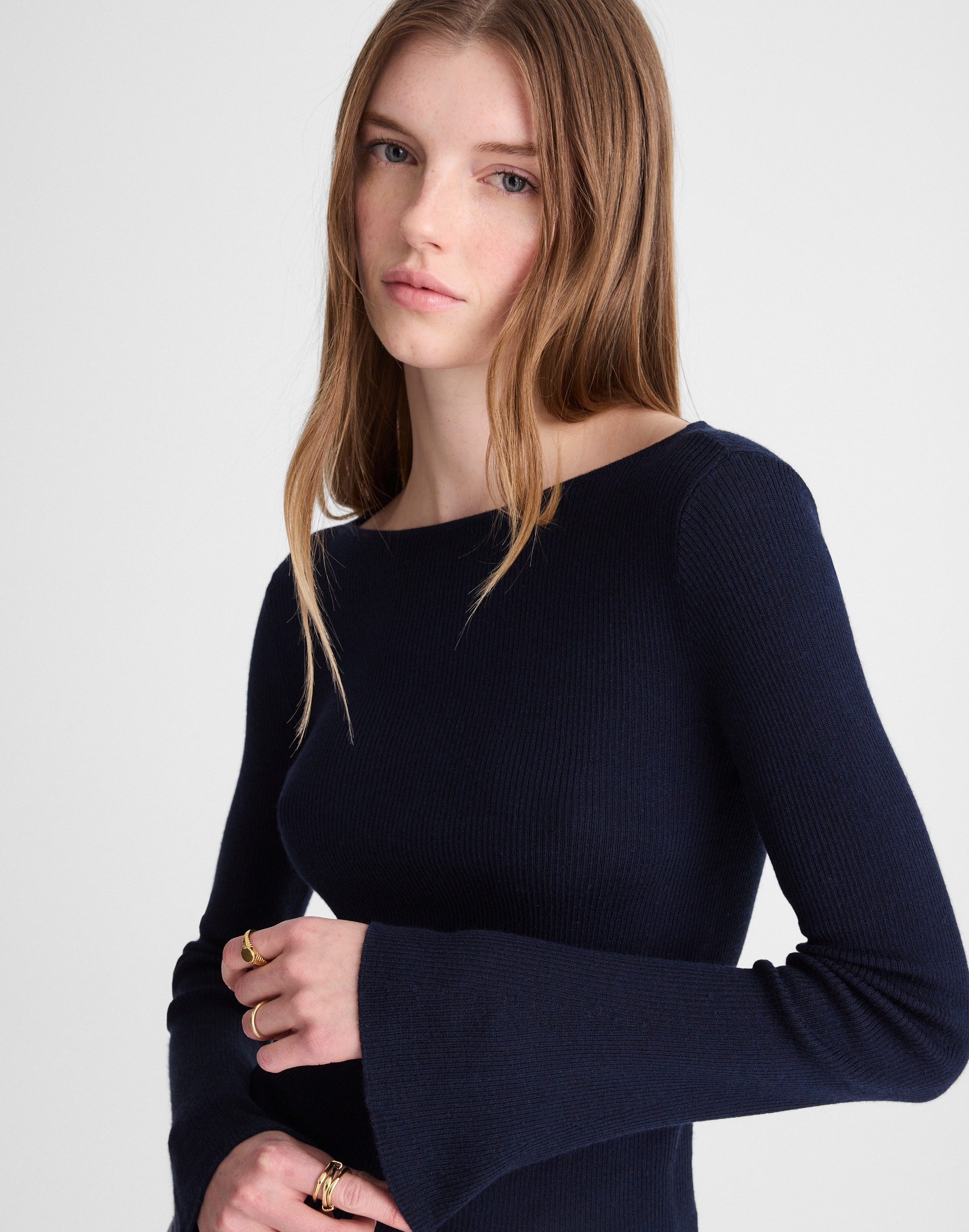 Flared-Sleeve Boatneck Sweater in Merino Wool-Silk Blend