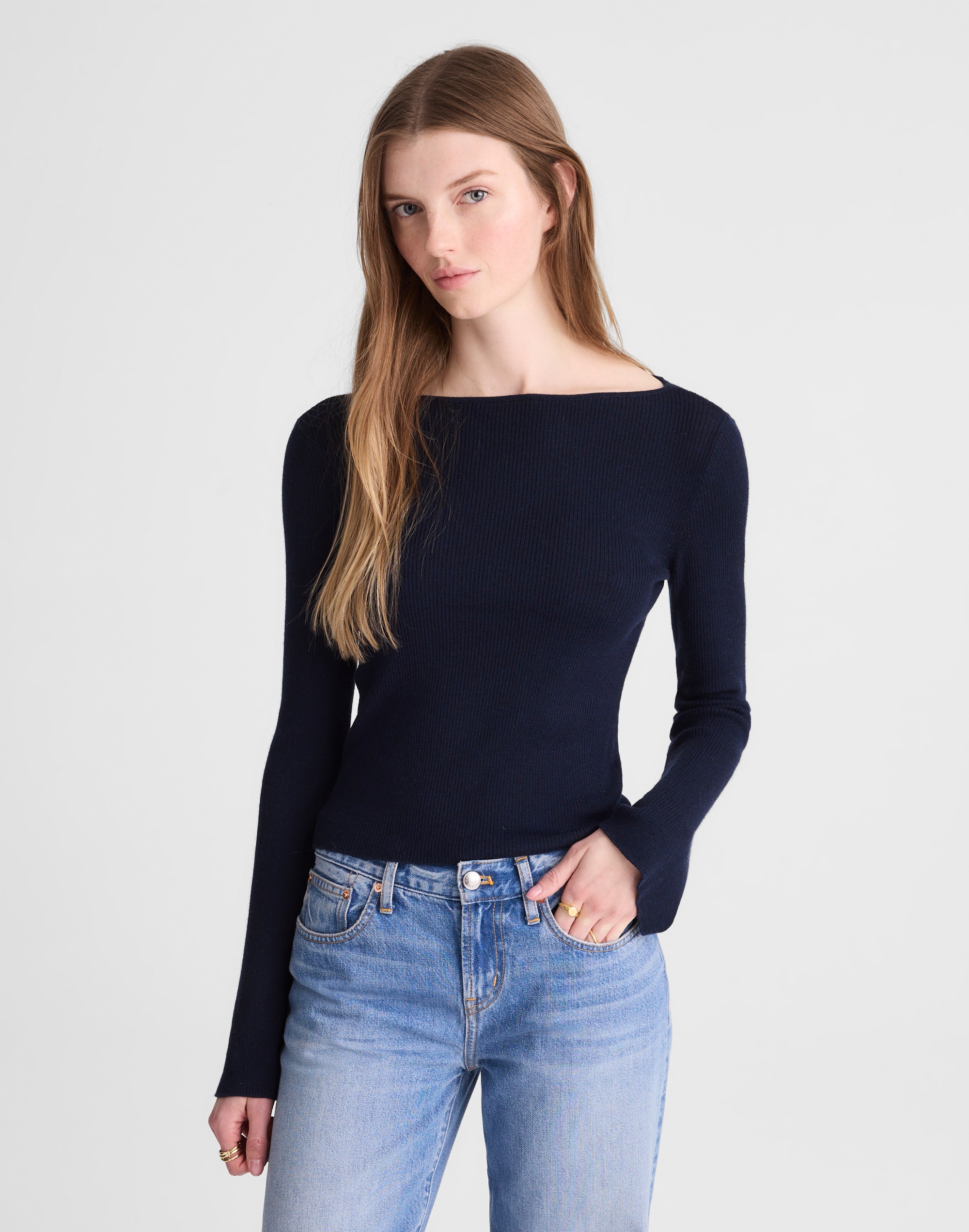 Flared-Sleeve Boatneck Sweater in Merino Wool-Silk Blend
