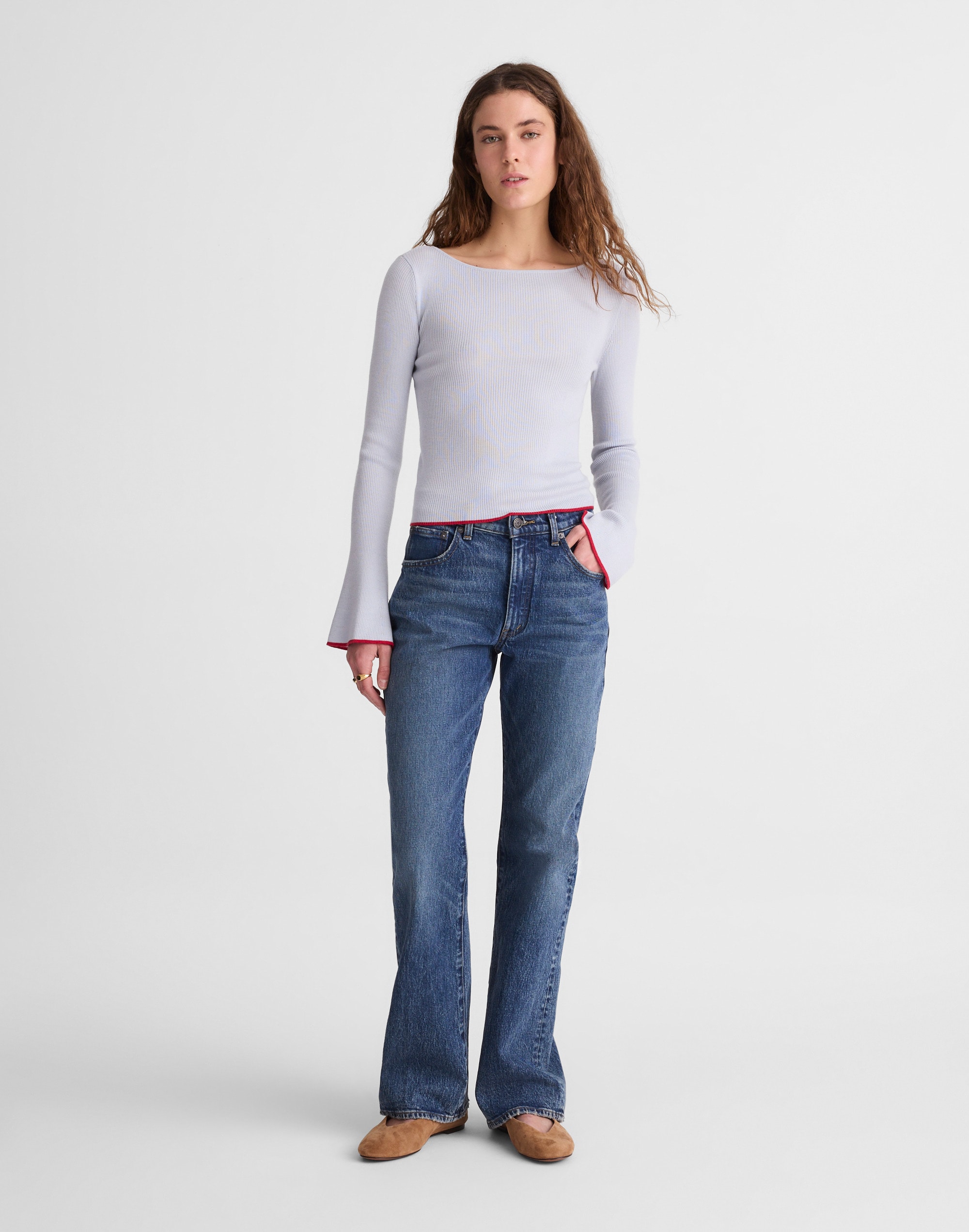 Flared-Sleeve Boatneck Sweater in Merino Wool-Silk Blend
