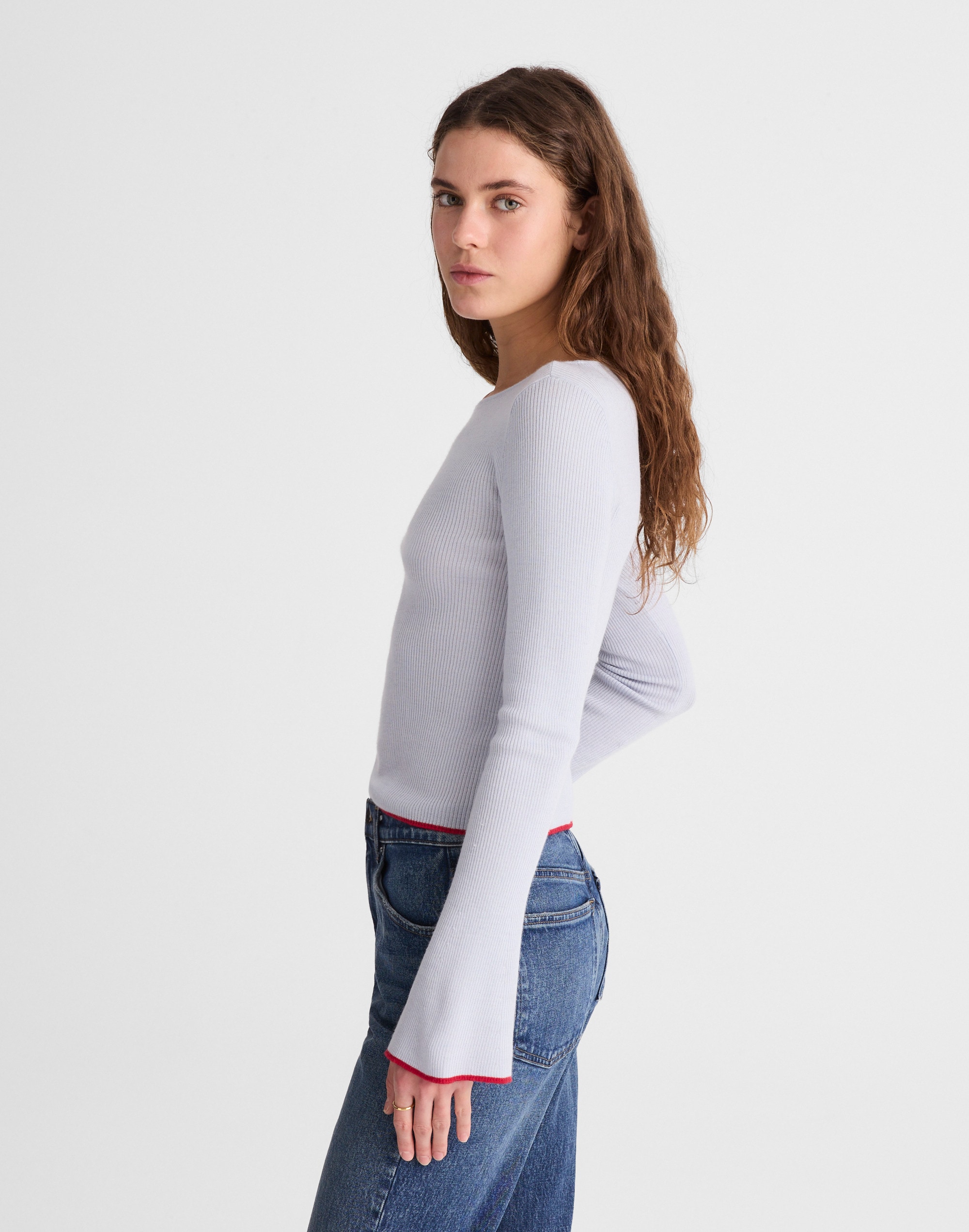 Flared-Sleeve Boatneck Sweater in Merino Wool-Silk Blend