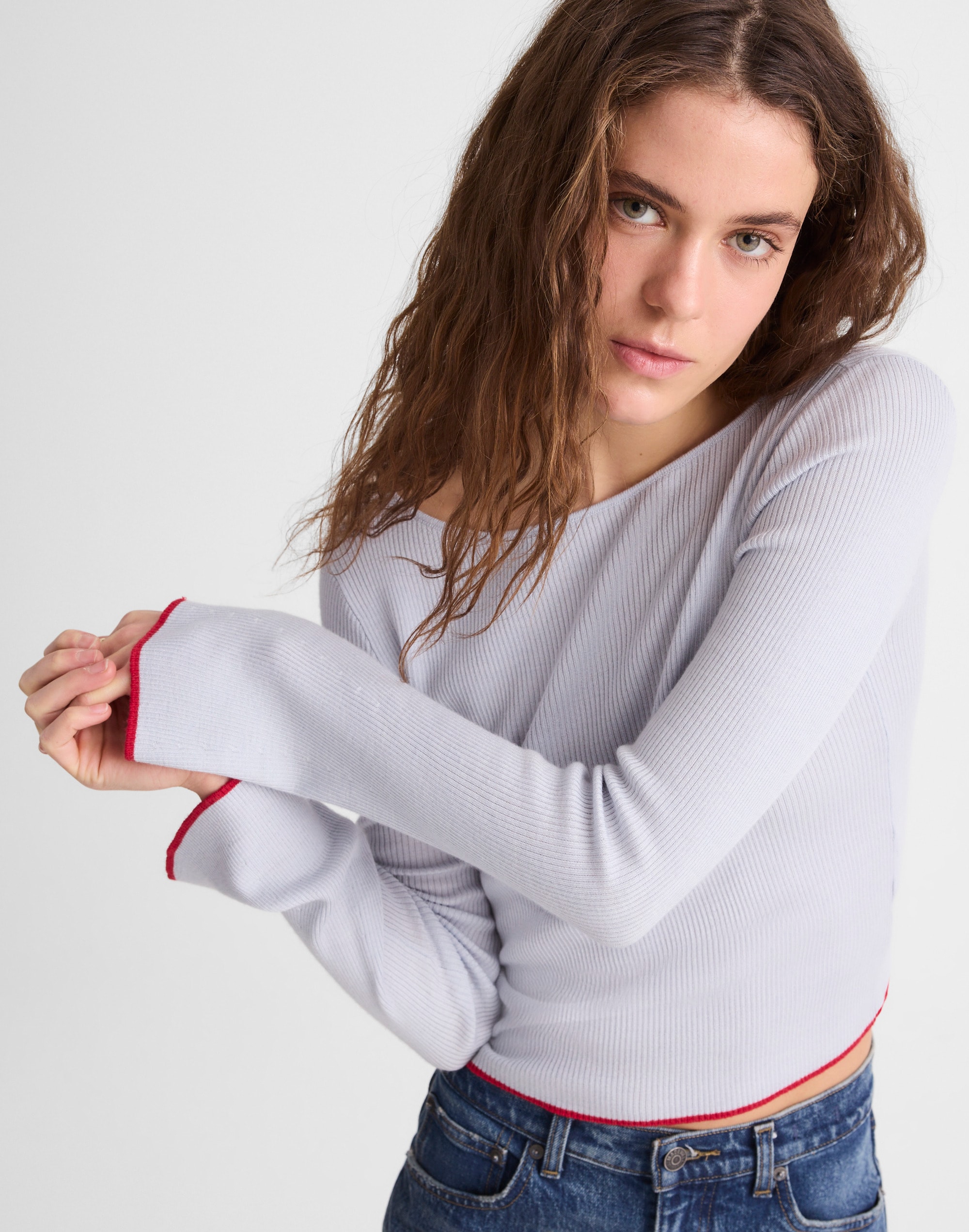 Flared-Sleeve Boatneck Sweater in Merino Wool-Silk Blend