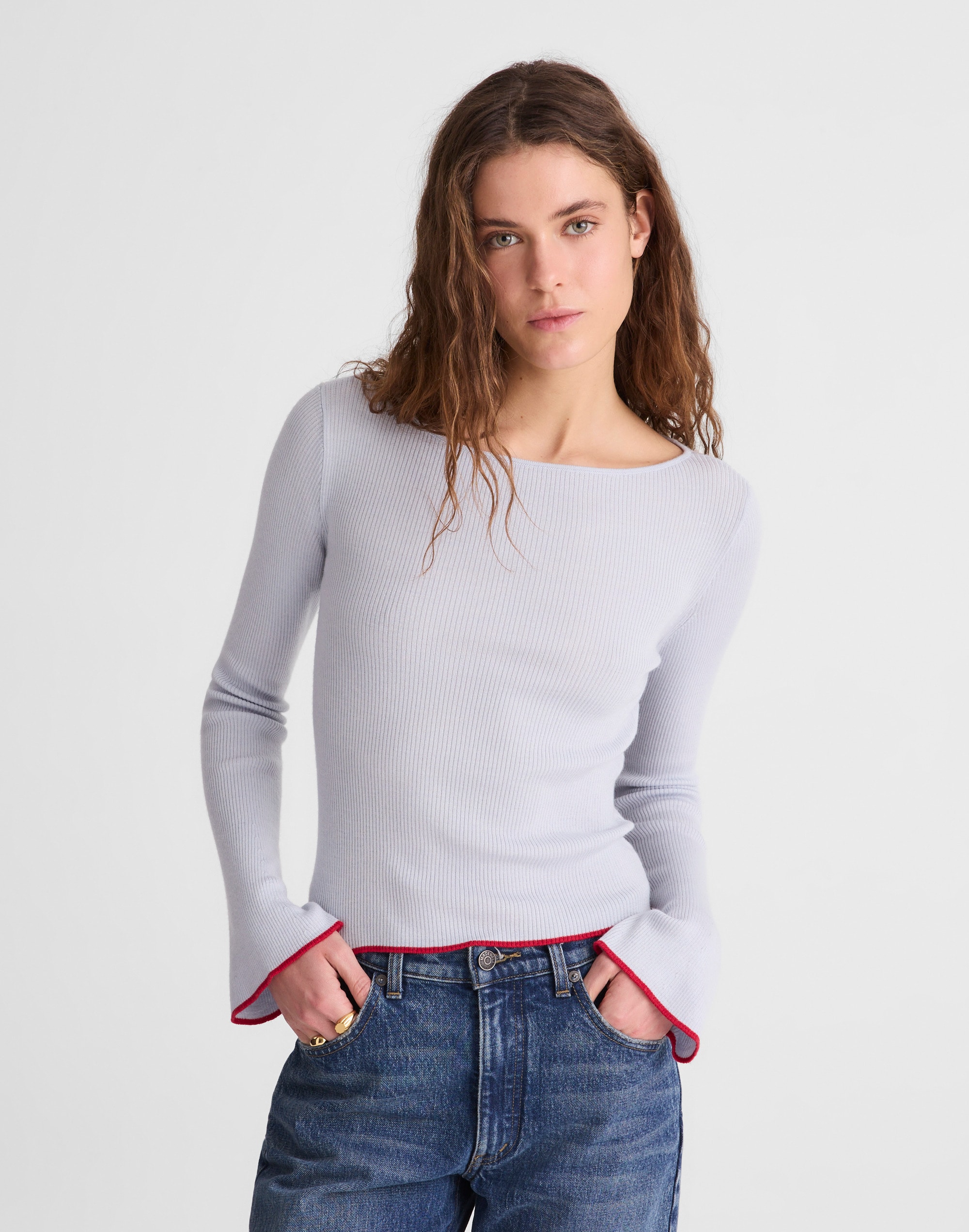 Flared-Sleeve Boatneck Sweater in Merino Wool-Silk Blend