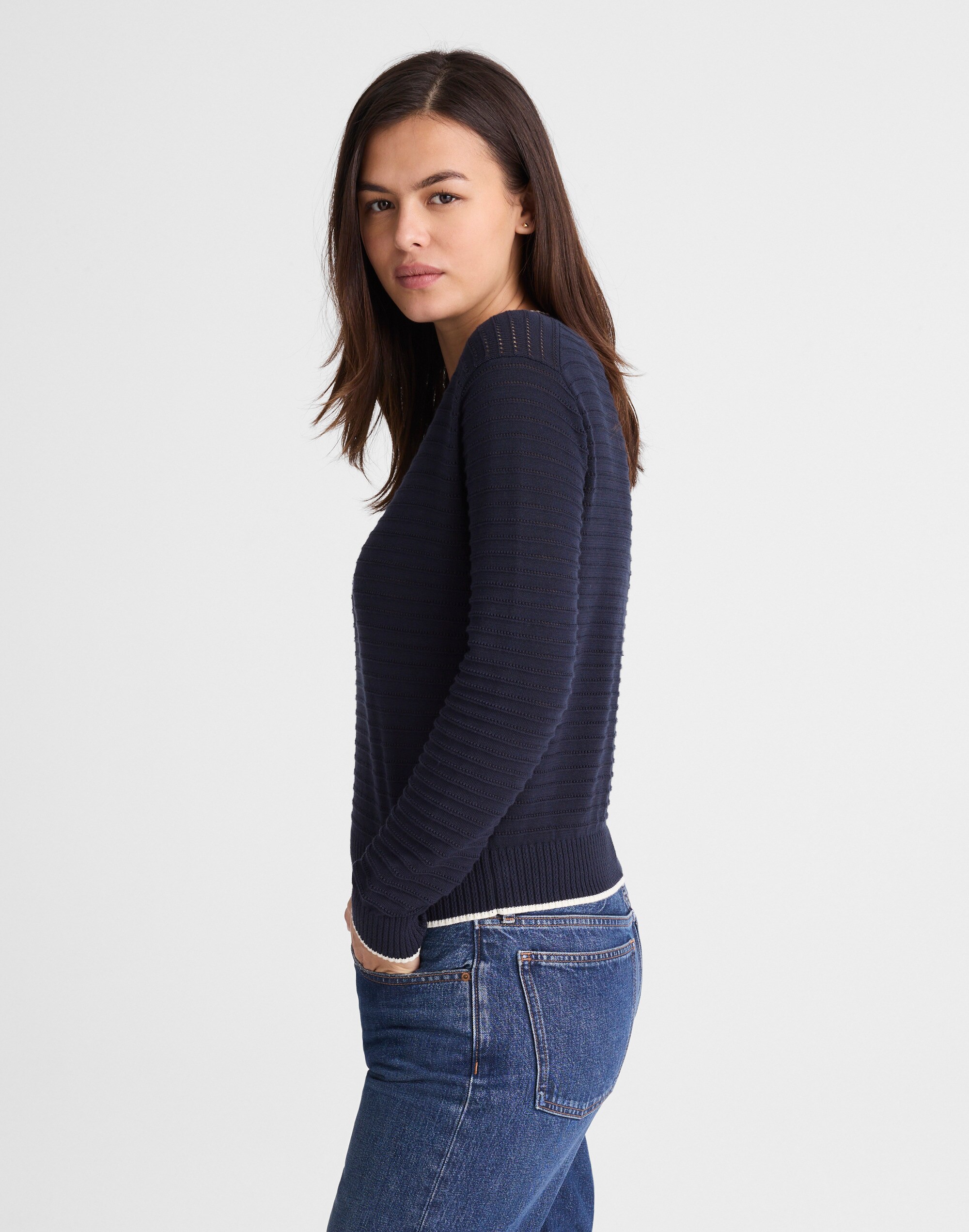 Striped Textured-Stitch Crewneck Sweater in 100% Cotton