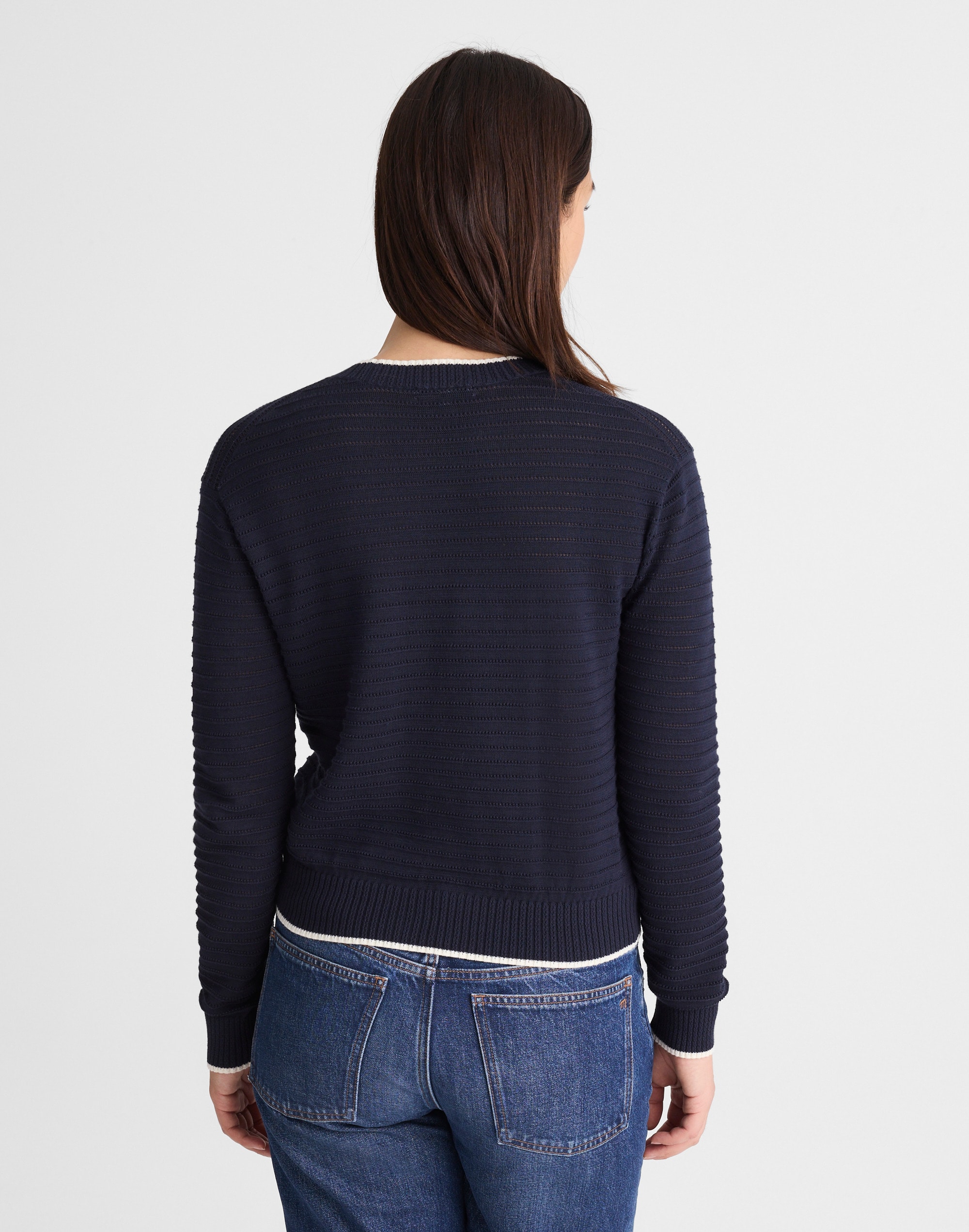 Striped Textured-Stitch Crewneck Sweater in 100% Cotton