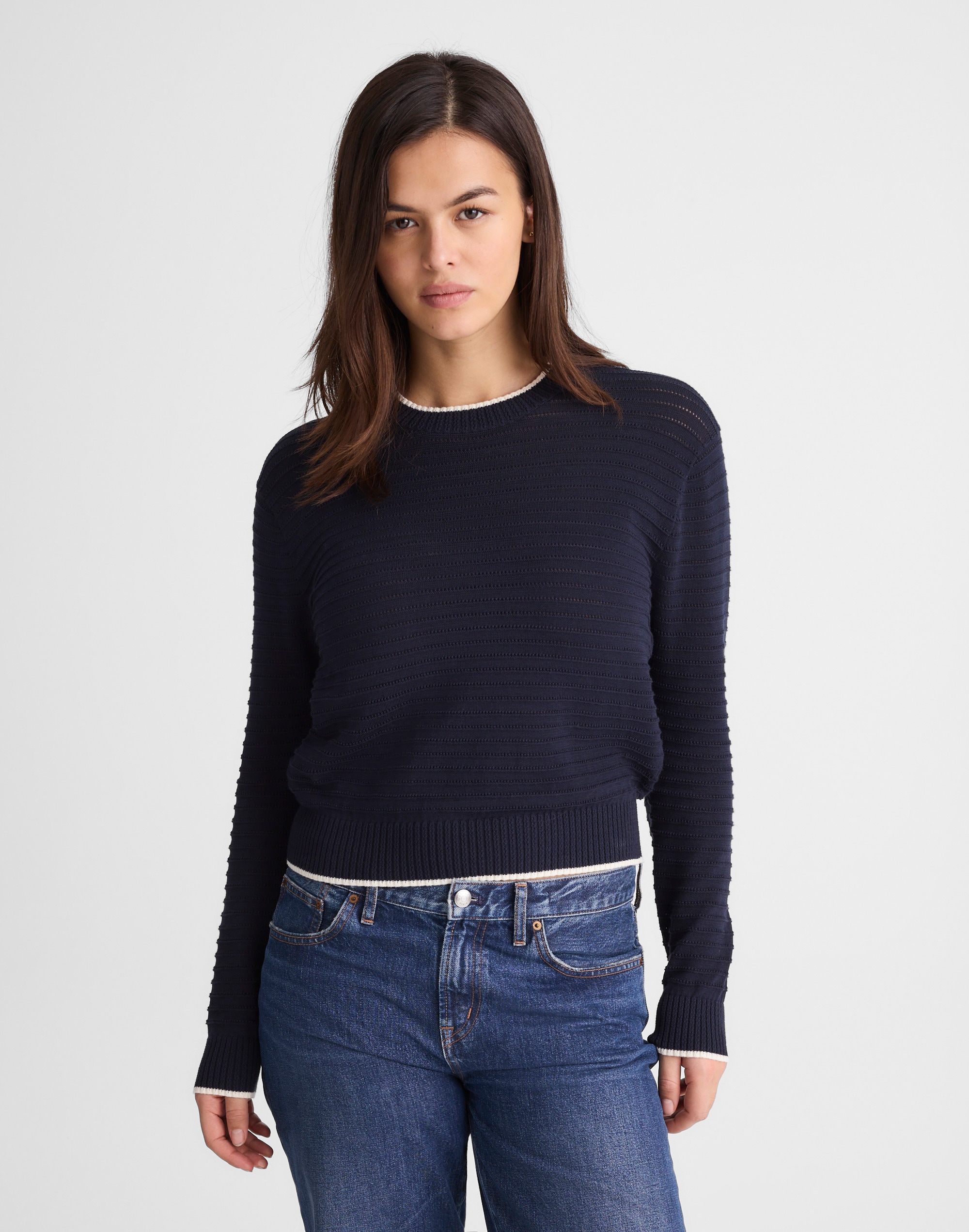 striped textured-stitch crewneck sweater in 100% cotton