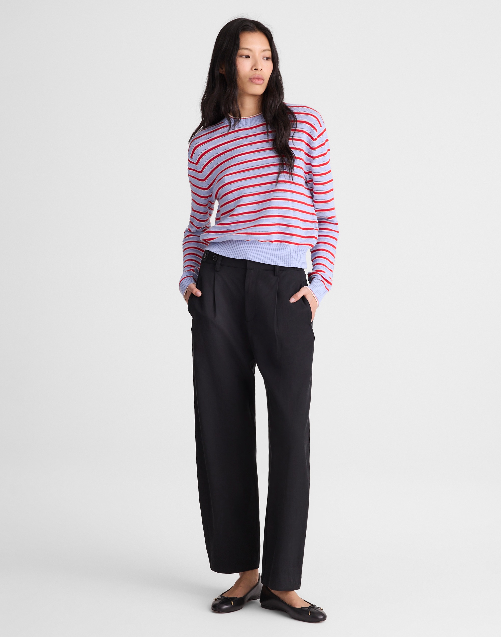 Striped Textured-Stitch Crewneck Sweater in 100% Cotton