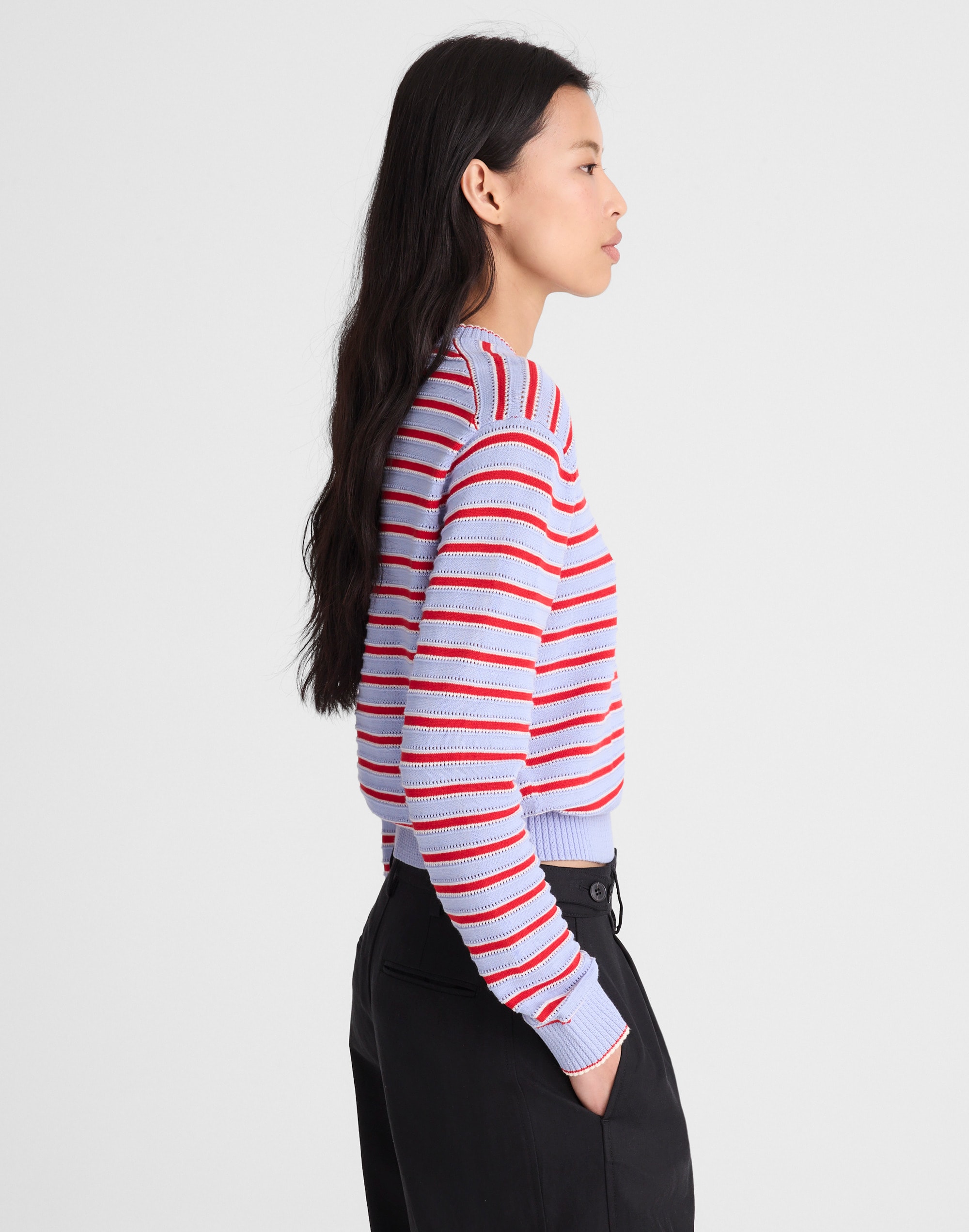 Striped Textured-Stitch Crewneck Sweater in 100% Cotton