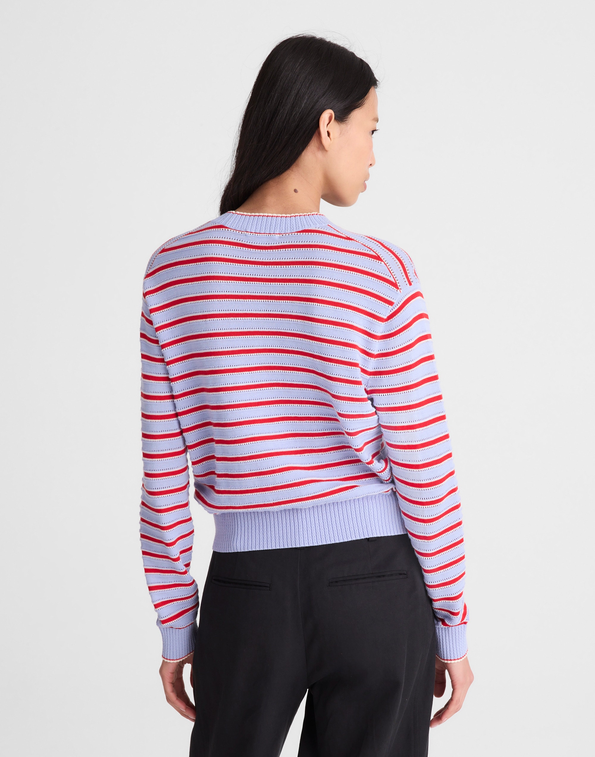 Striped Textured-Stitch Crewneck Sweater in 100% Cotton