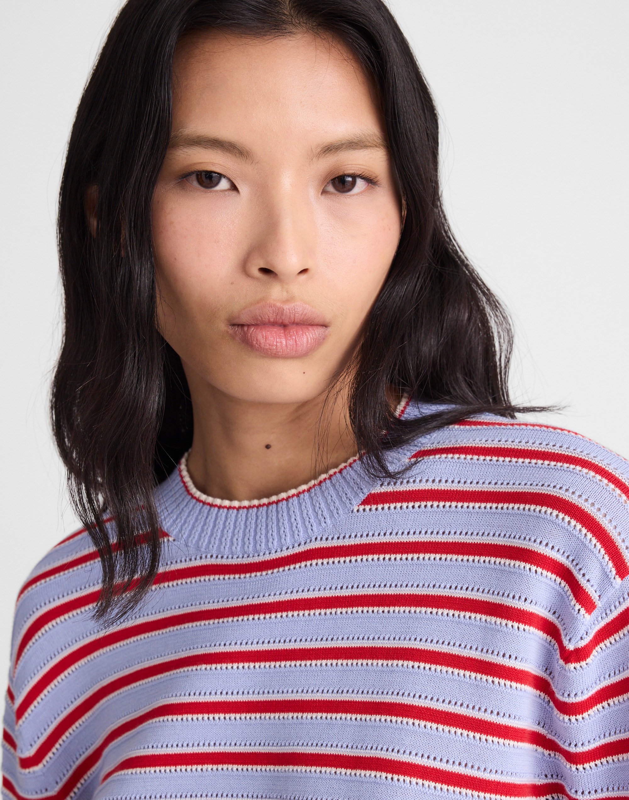 Striped Textured-Stitch Crewneck Sweater in 100% Cotton