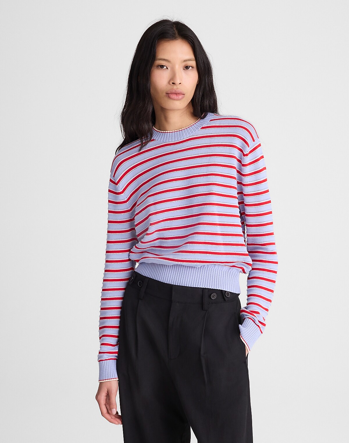 Striped Textured-Stitch Crewneck Sweater in 100% Cotton