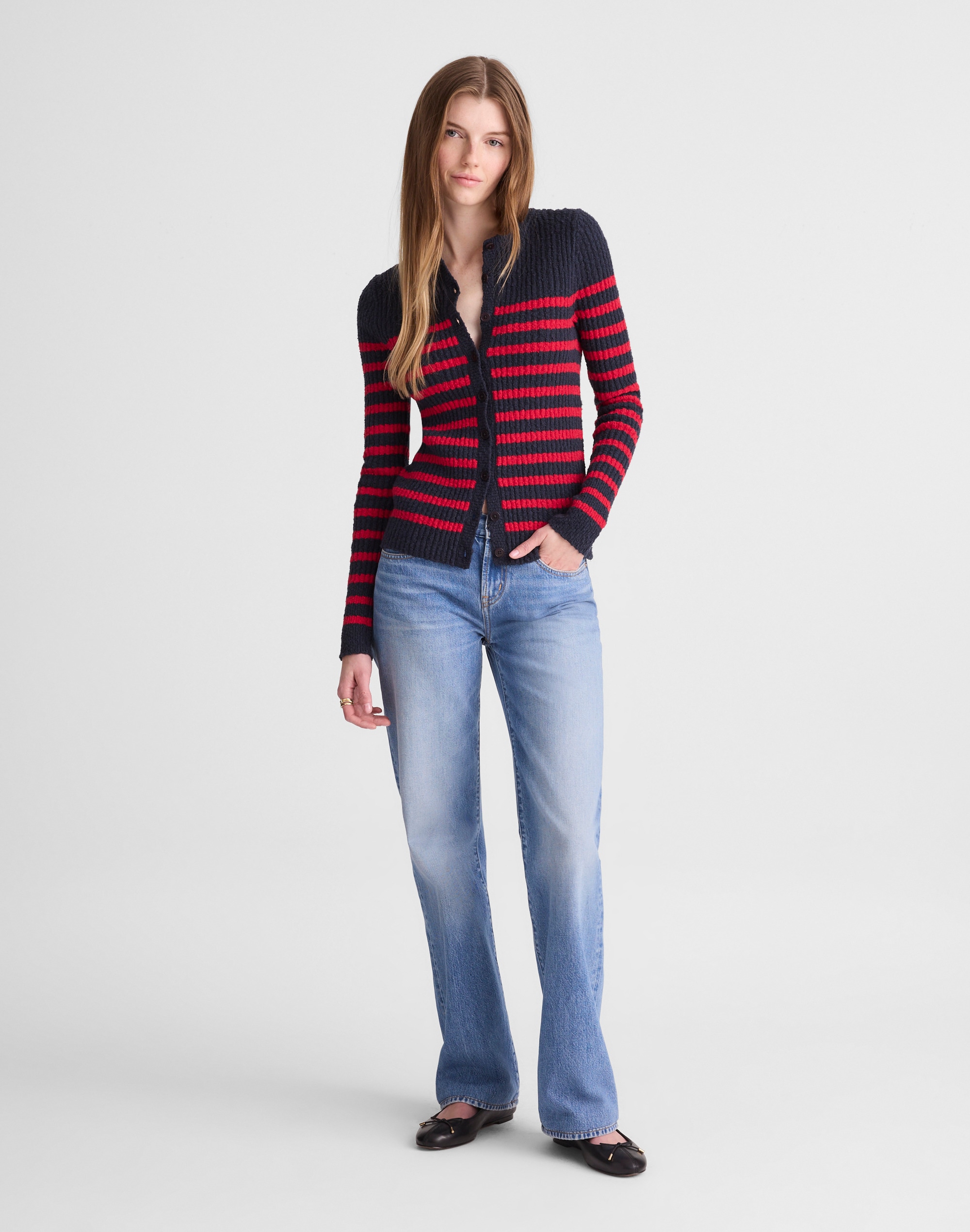 Striped Boucl&eacute;-Knit Cardigan