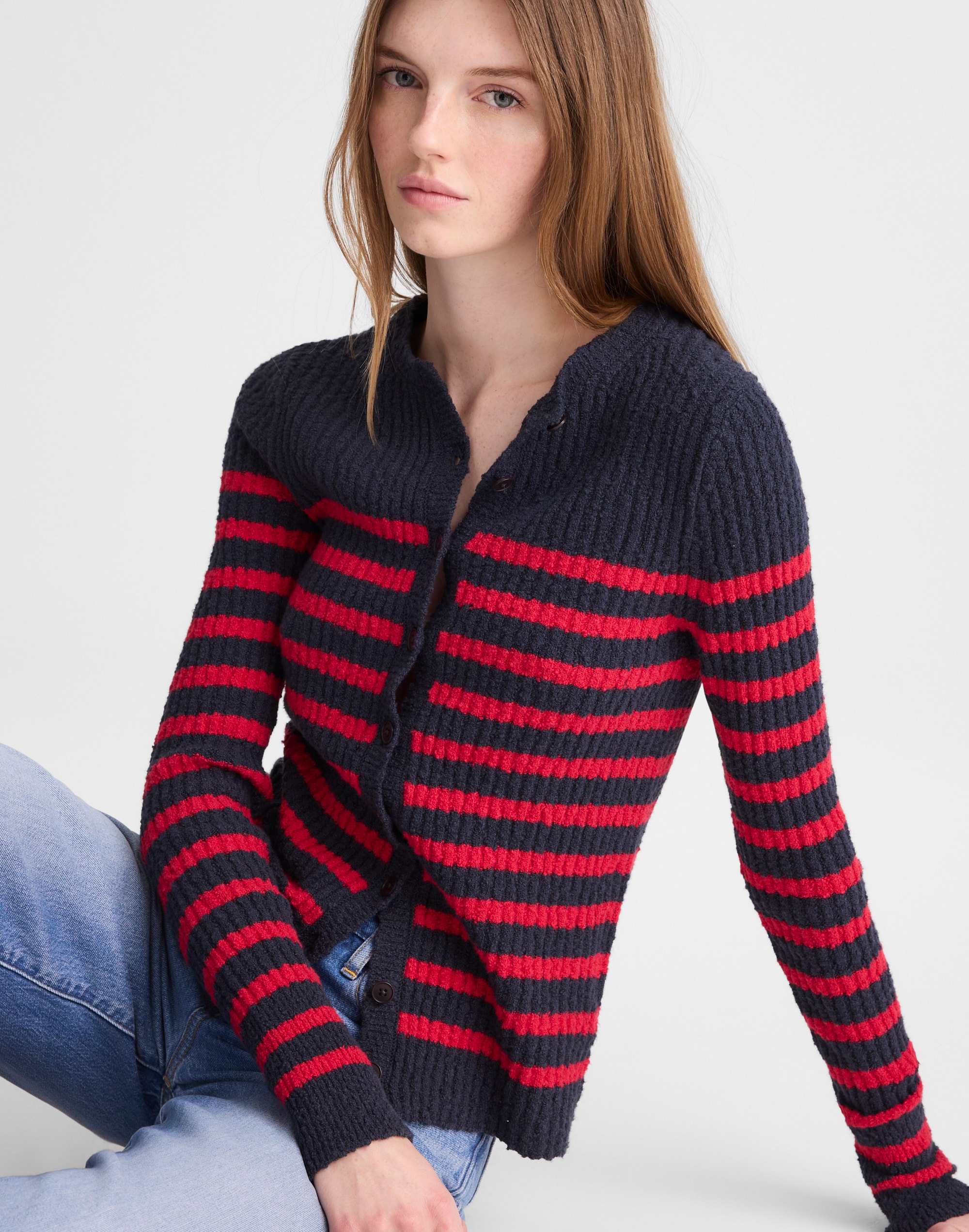 Striped Boucl&eacute;-Knit Cardigan