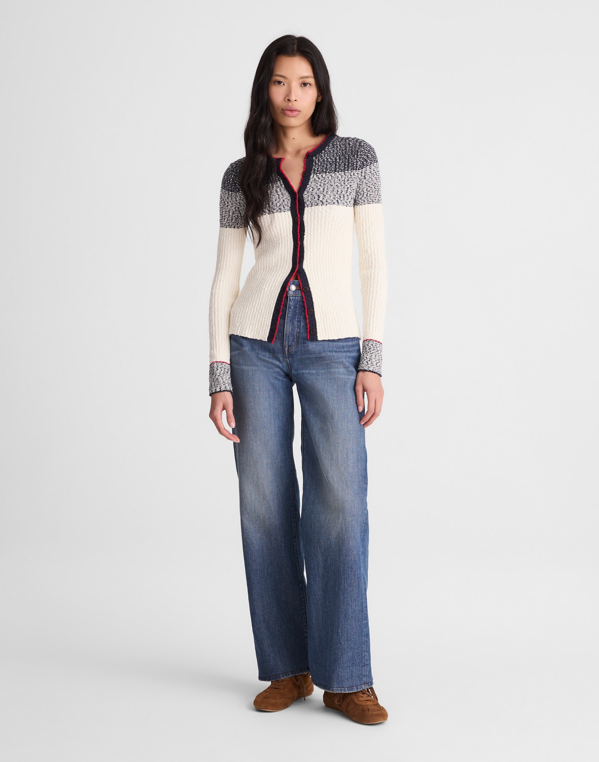 Striped Boucl&eacute;-Knit Cardigan