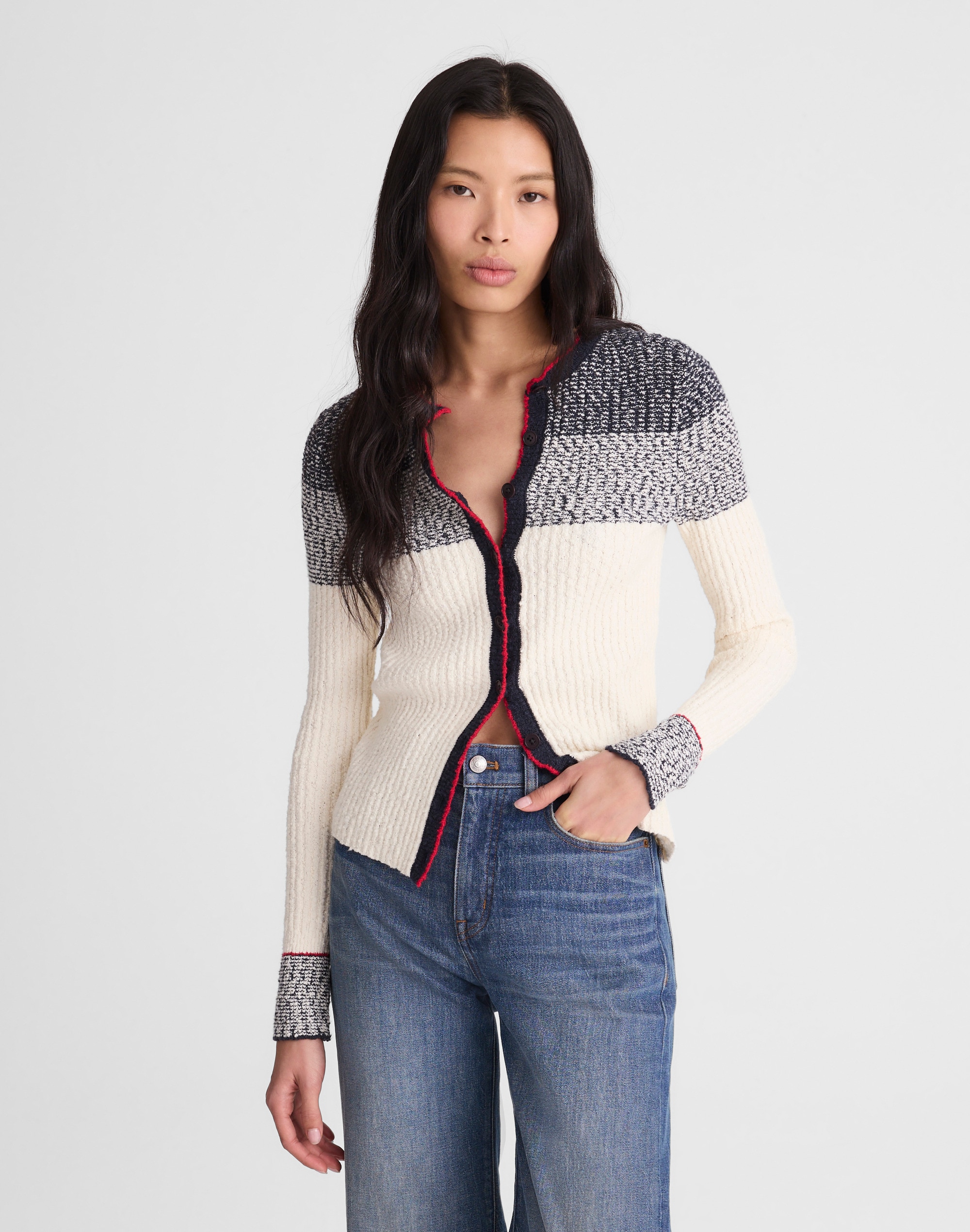 Striped Boucl&eacute;-Knit Cardigan