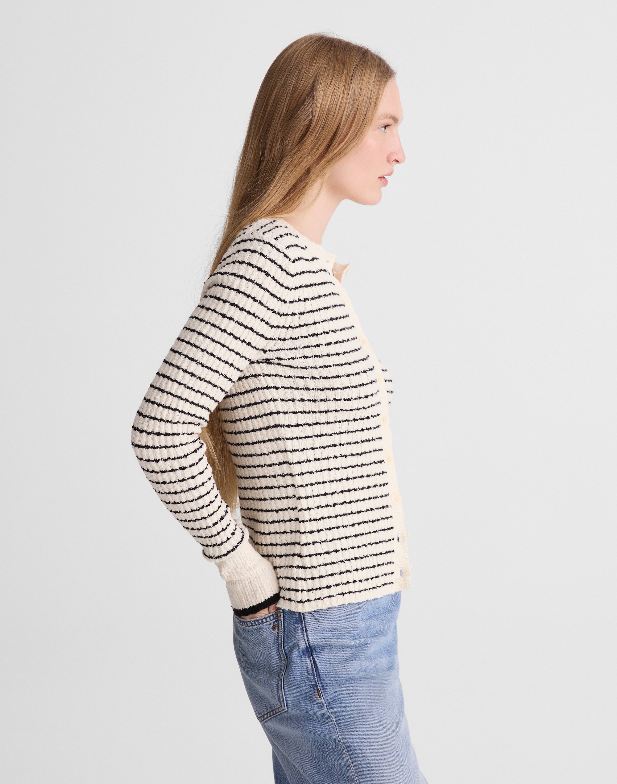 Striped Boucl&eacute;-Knit Cardigan