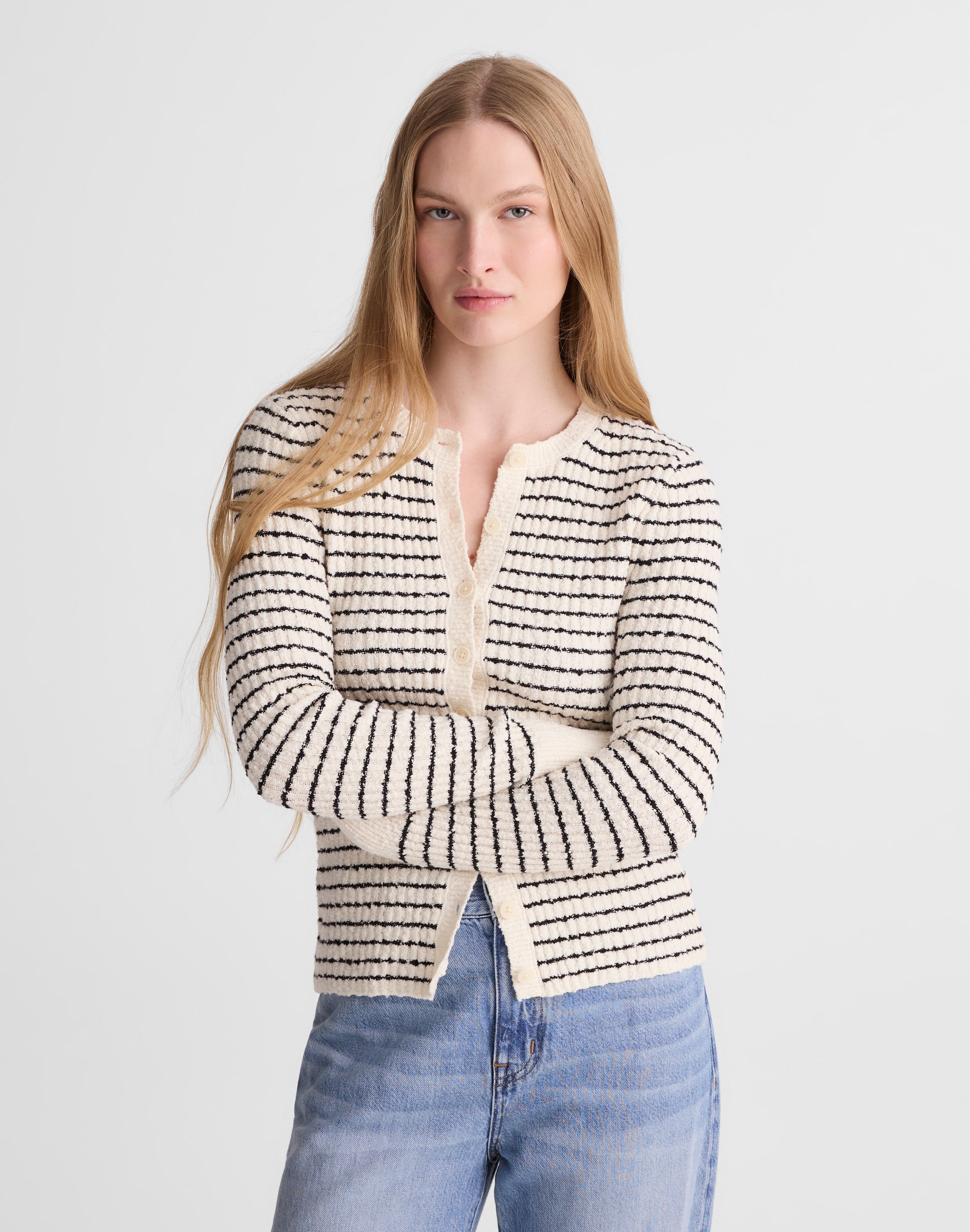 Striped Boucl&eacute;-Knit Cardigan