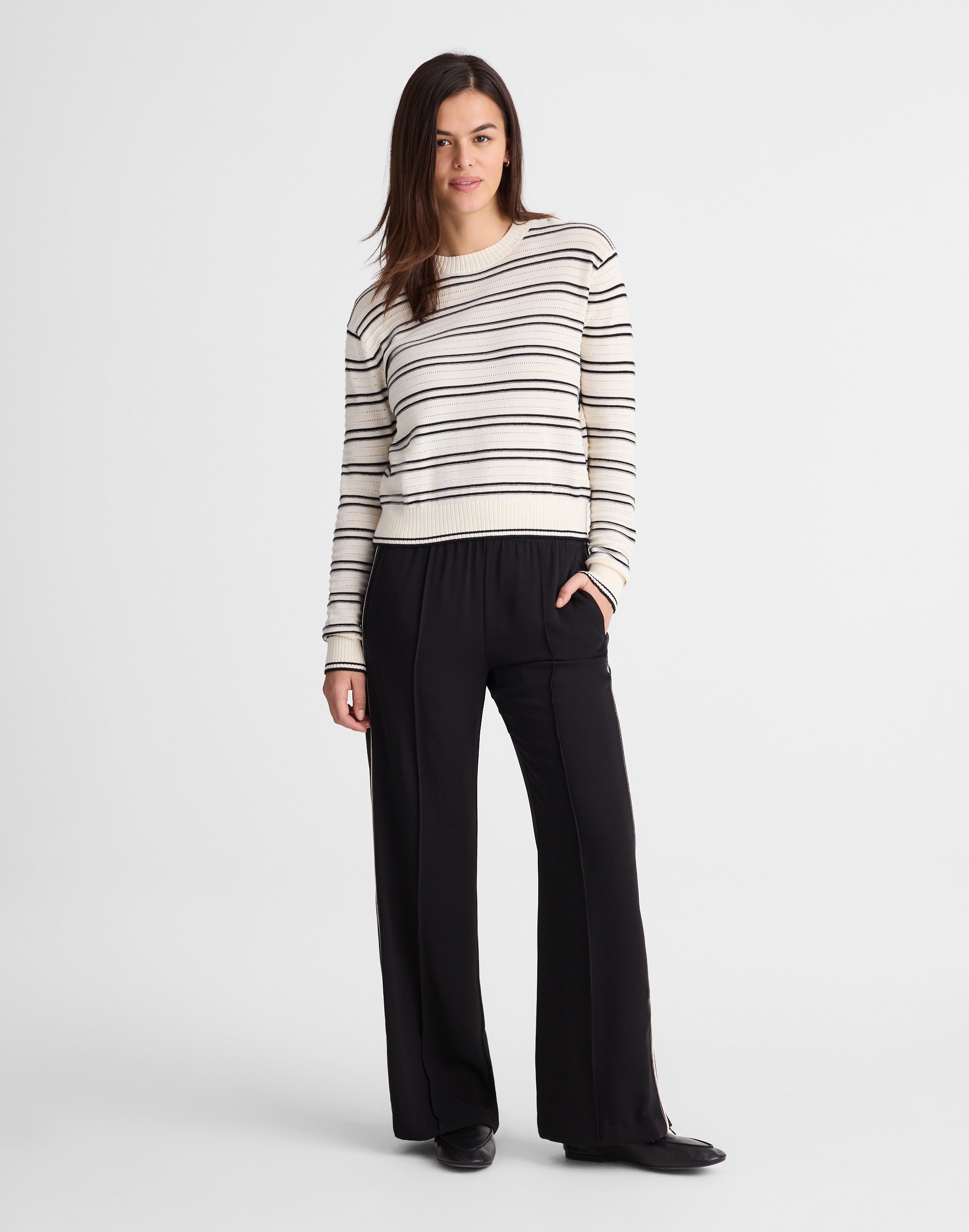 Striped Textured-Stitch Crewneck Sweater in 100% Cotton