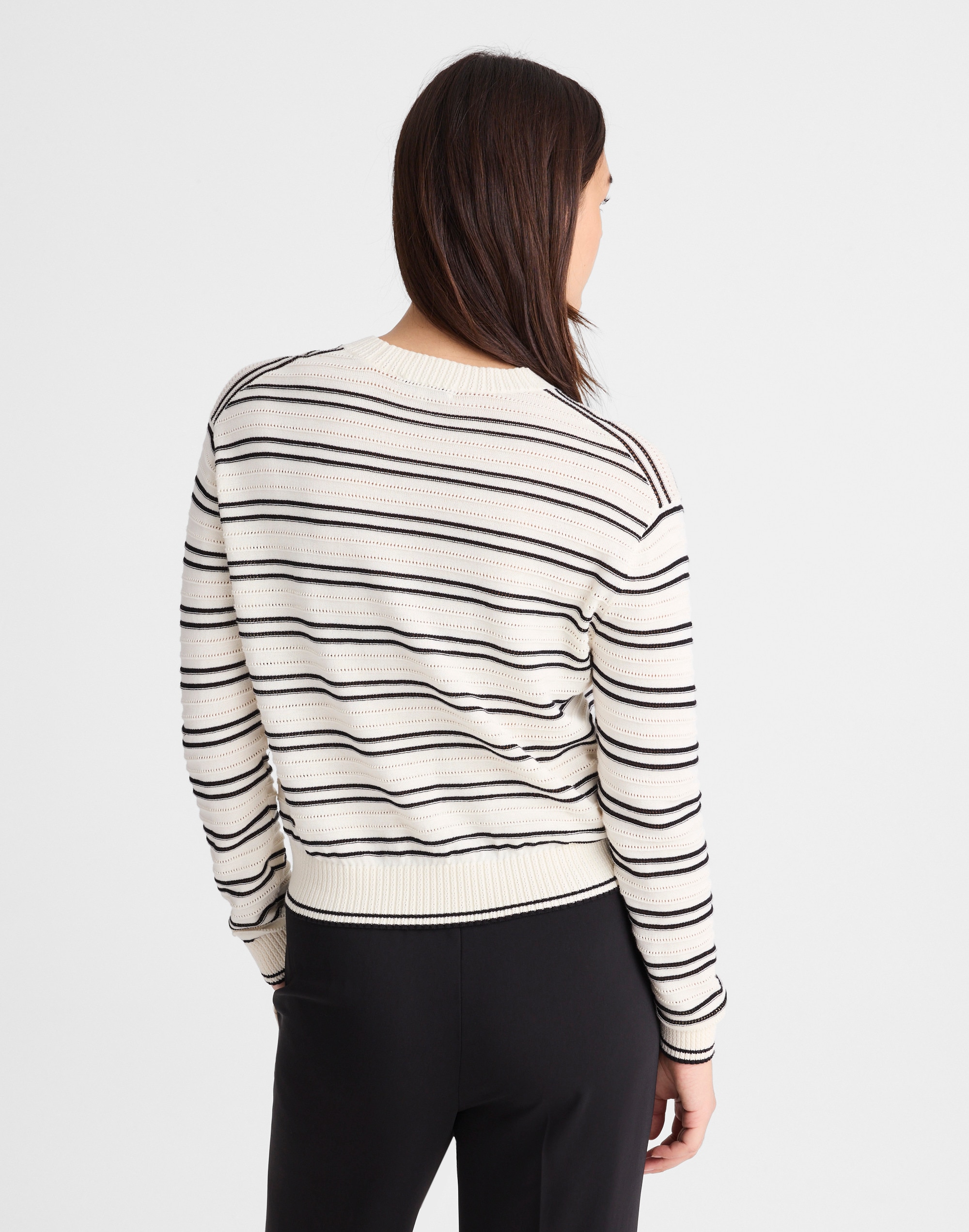 Striped Textured-Stitch Crewneck Sweater in 100% Cotton