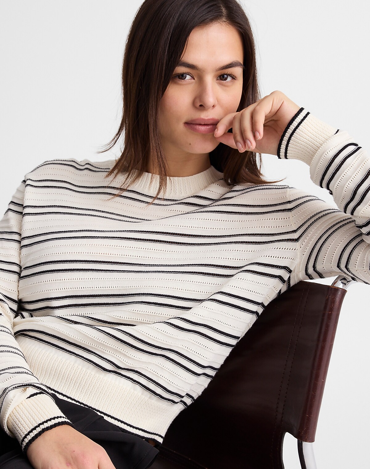Striped Textured-Stitch Crewneck Sweater in 100% Cotton