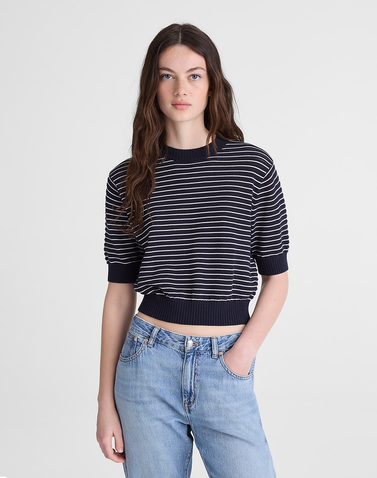 Textural-Stitch Crewneck Sweater in 100% Cotton