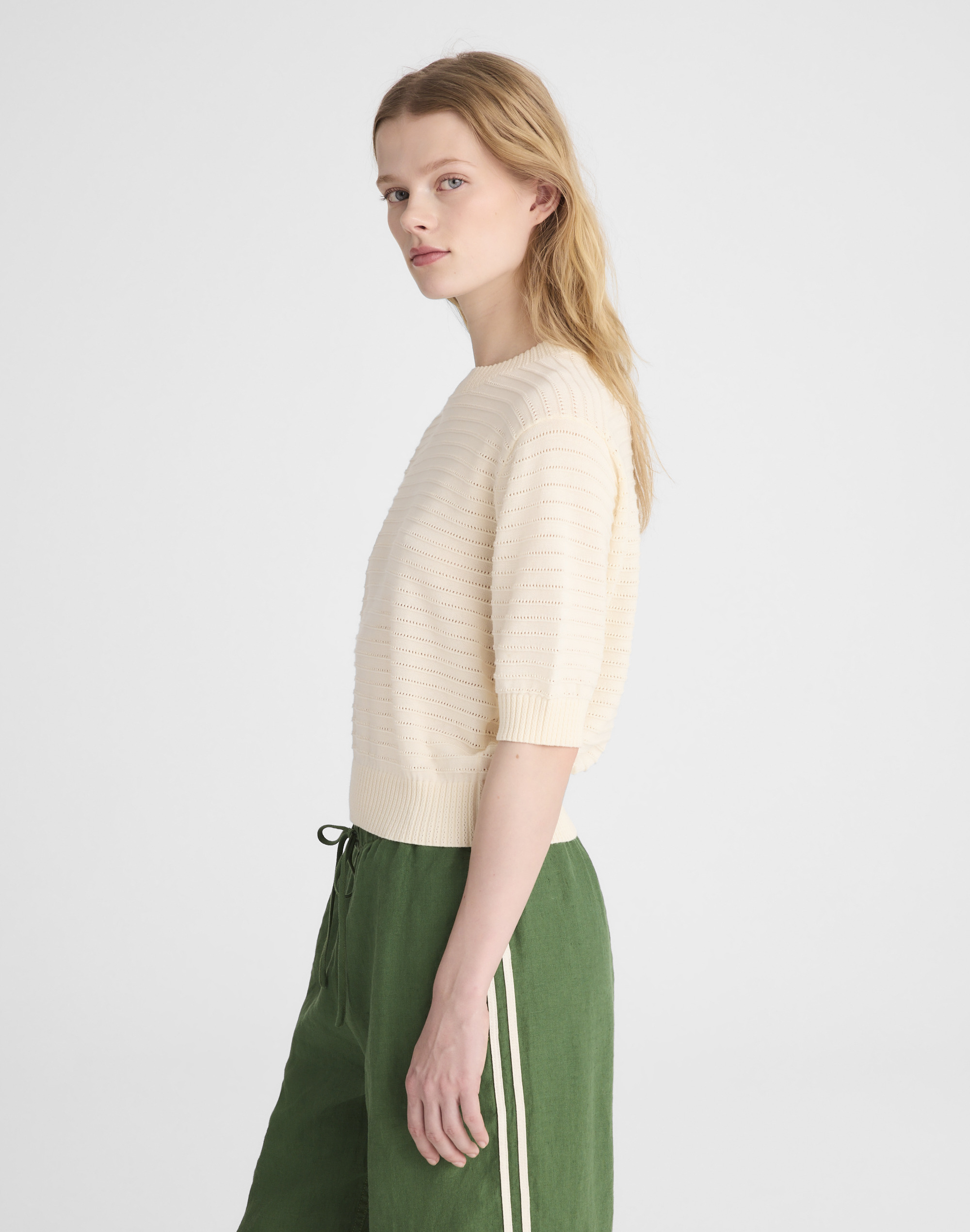 Textural-Stitch Crewneck Sweater in 100% Cotton