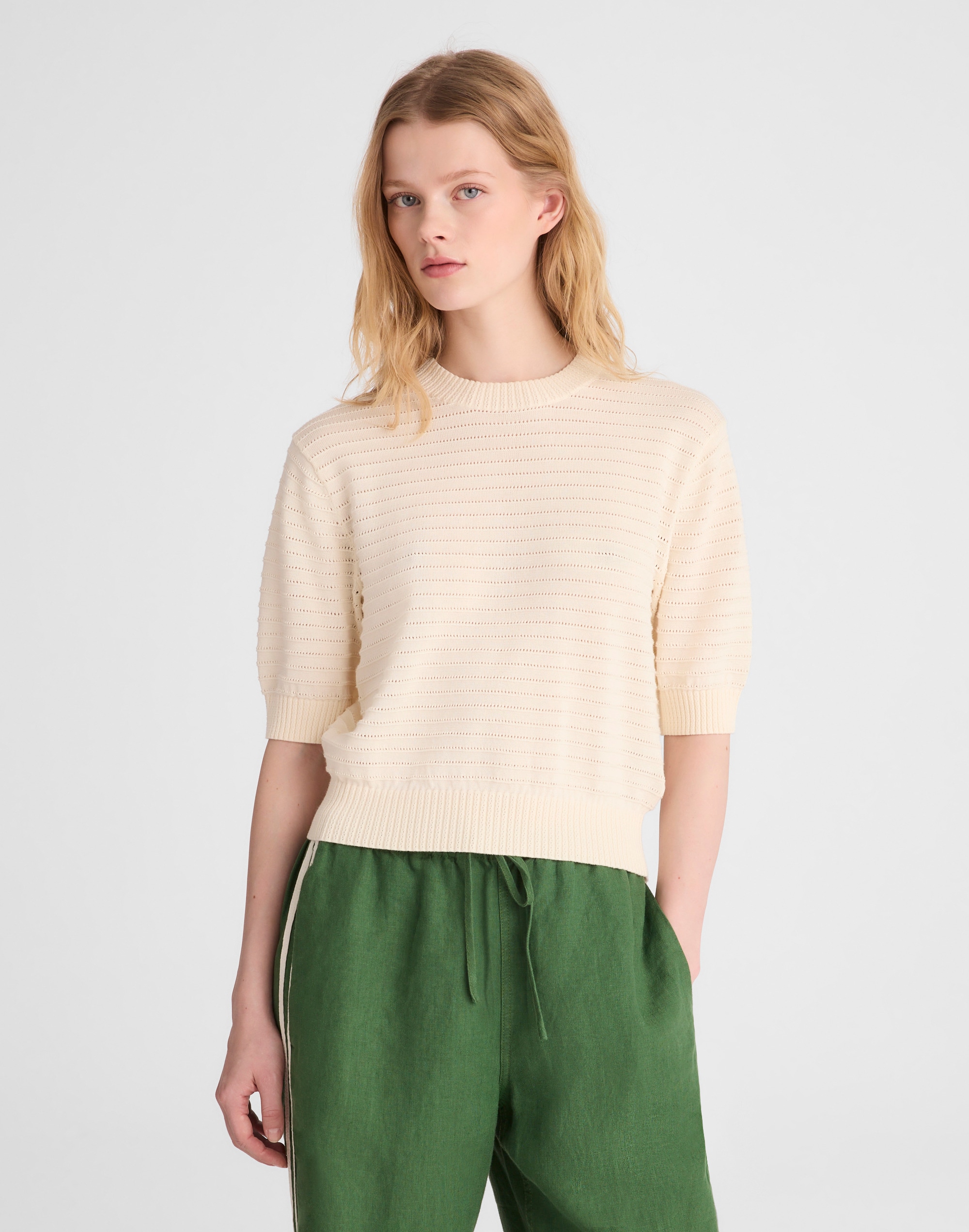 textural-stitch crewneck sweater in 100% cotton