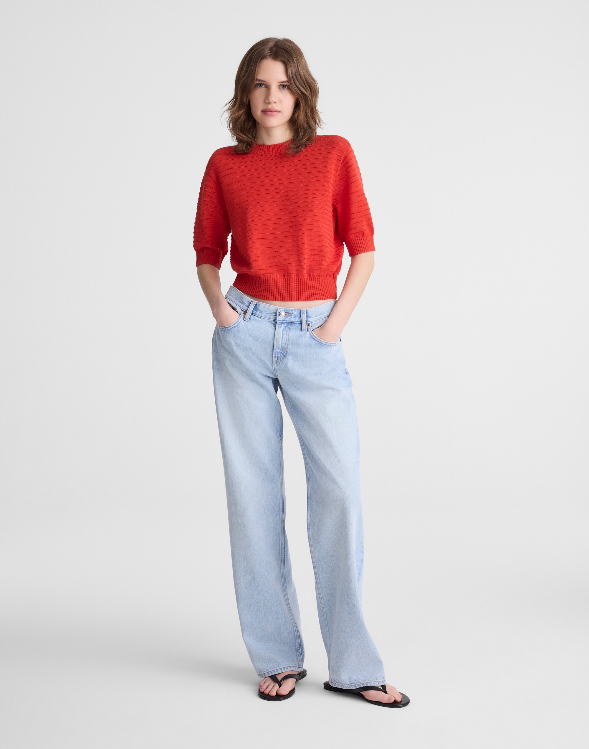 Textural-Stitch Crewneck Sweater in 100% Cotton