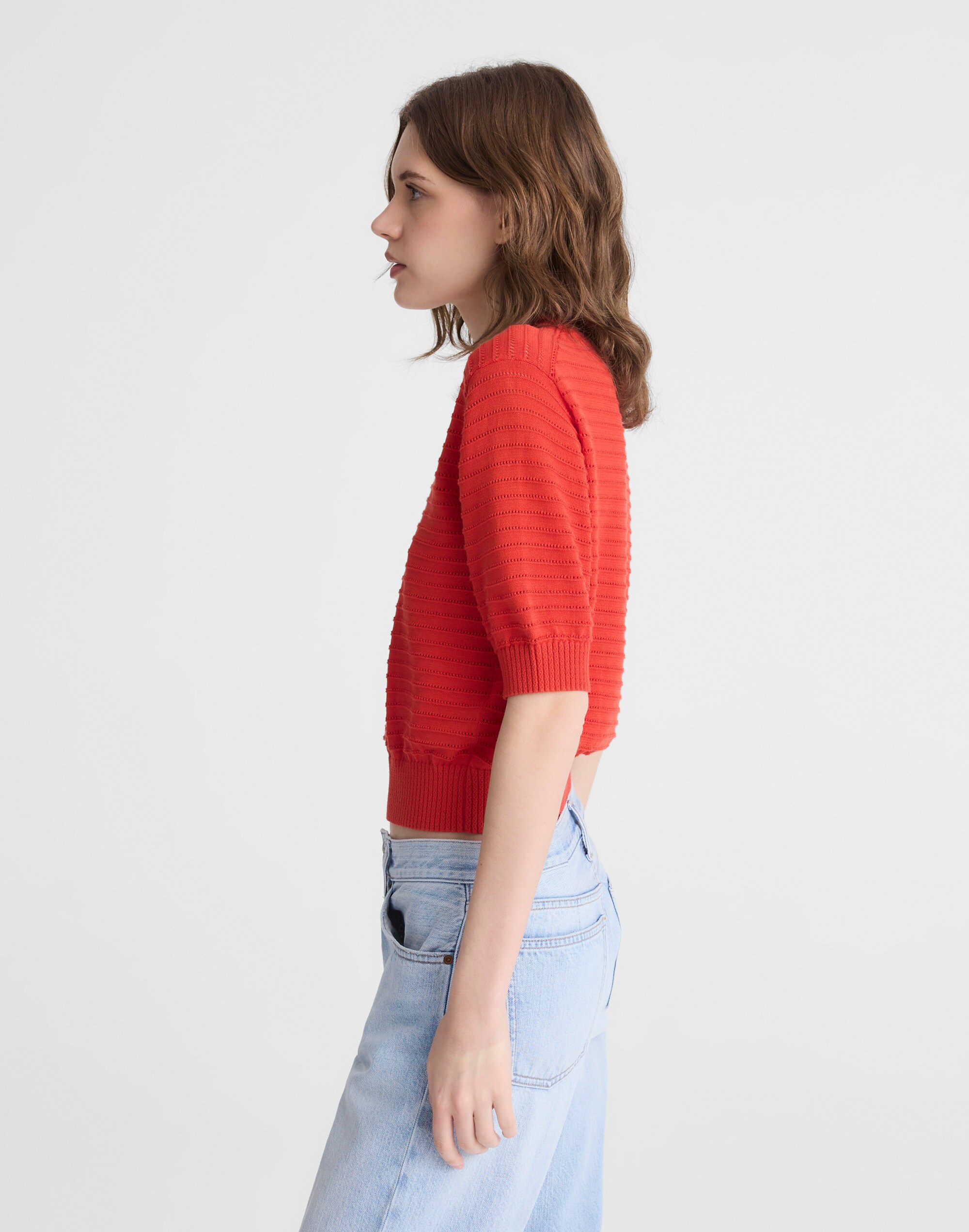 Textural-Stitch Crewneck Sweater in 100% Cotton