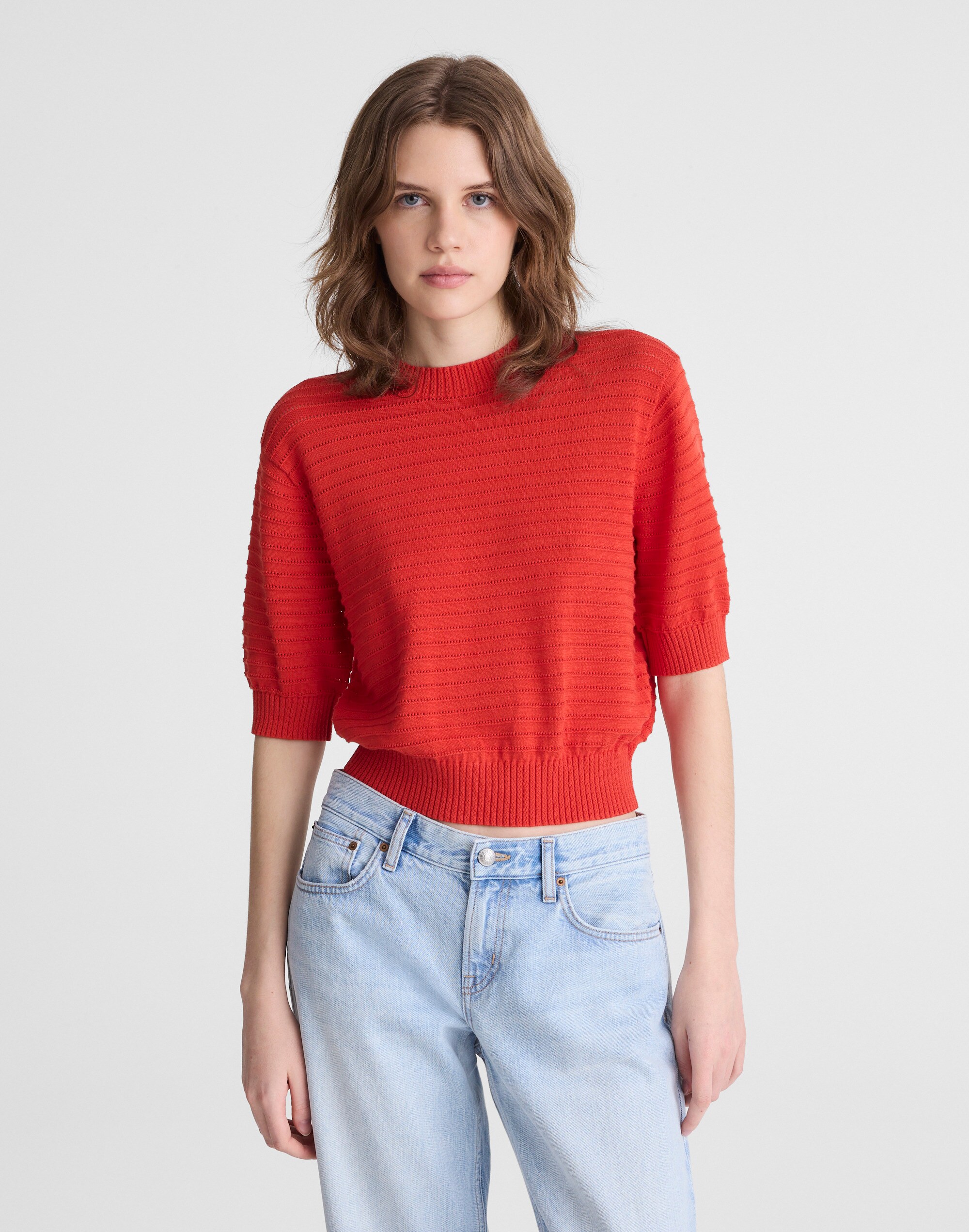 Textural-Stitch Crewneck Sweater in 100% Cotton