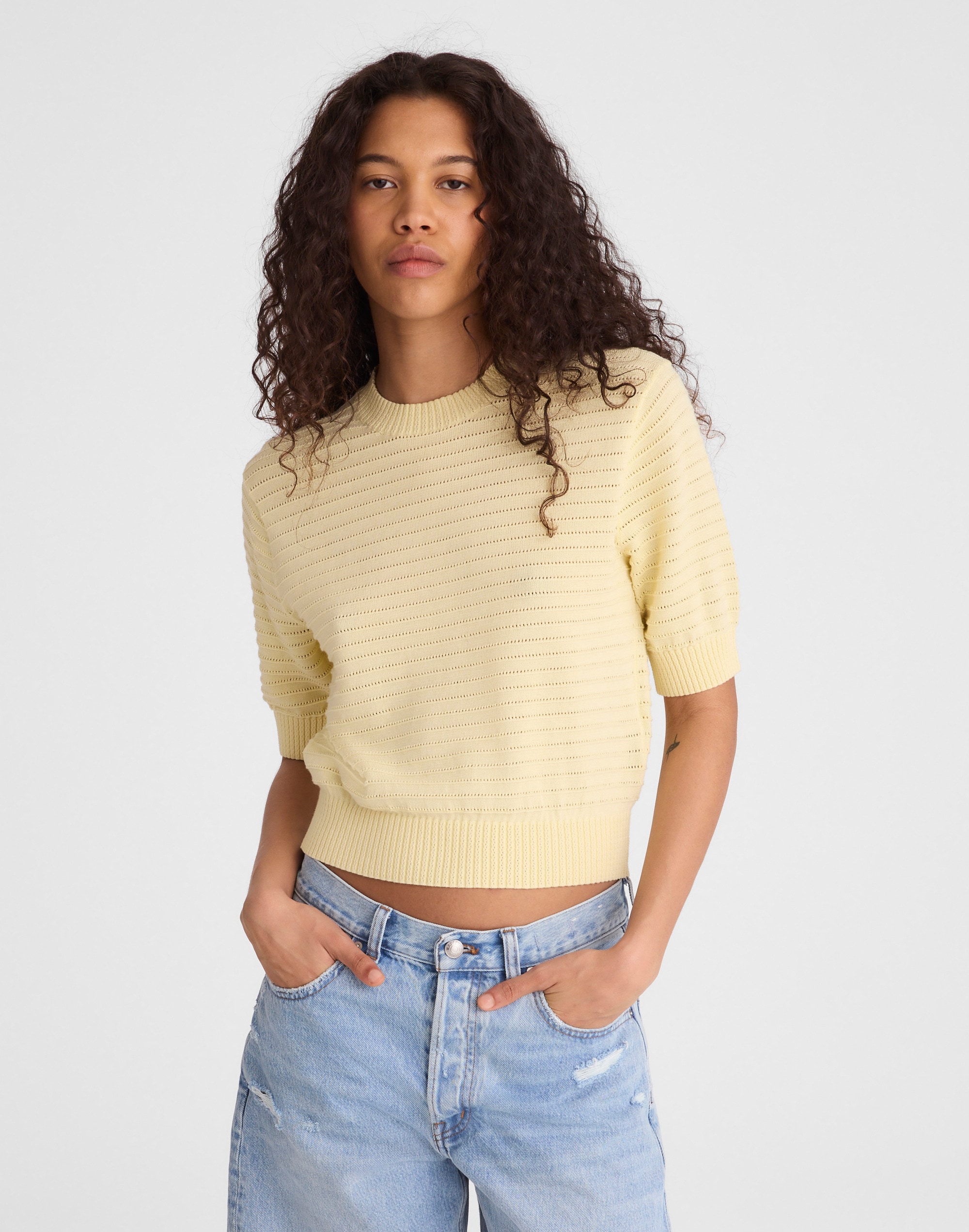Textural-Stitch Crewneck Sweater in 100% Cotton