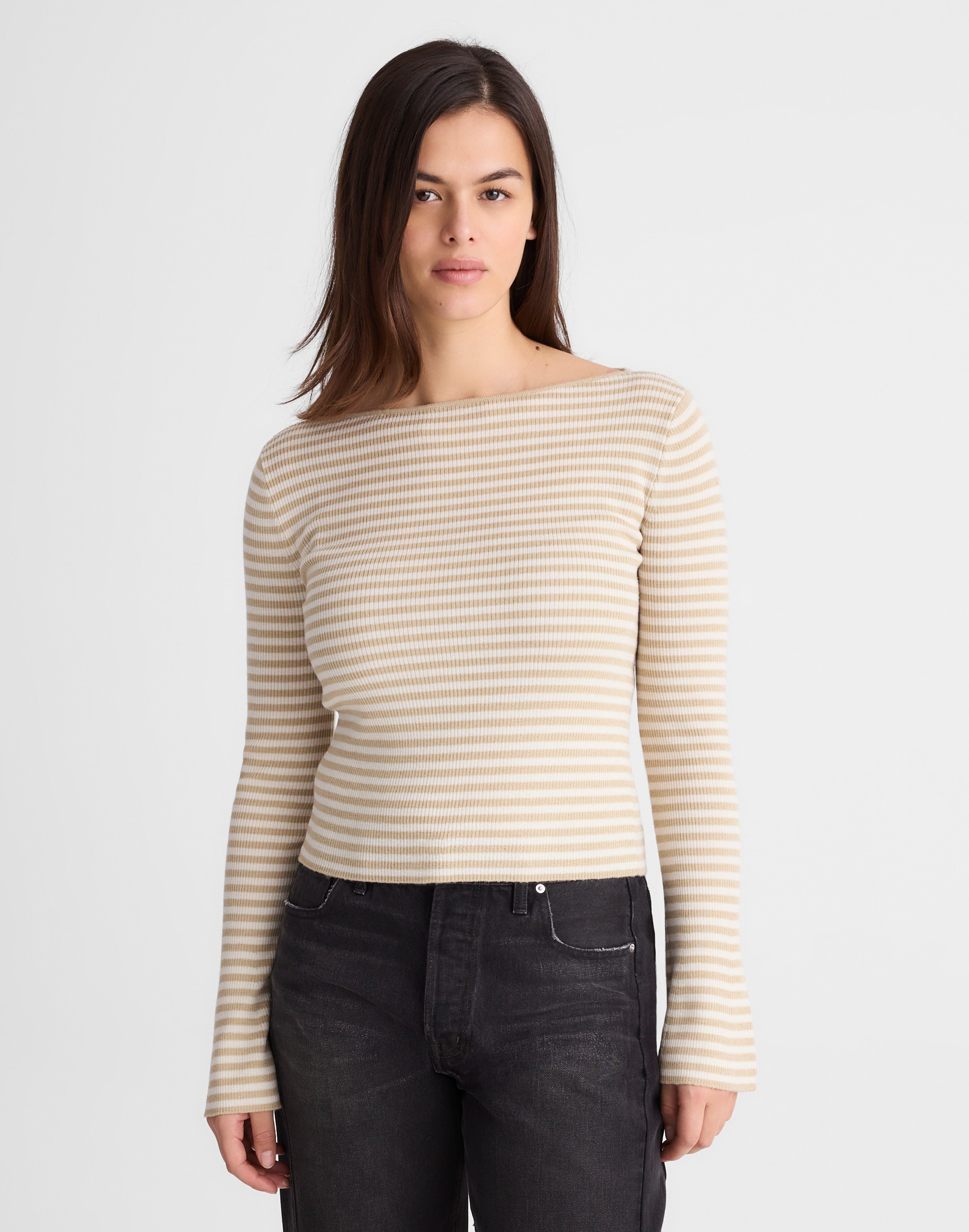 Flared-Sleeve Boatneck Sweater in Merino Wool-Silk Blend