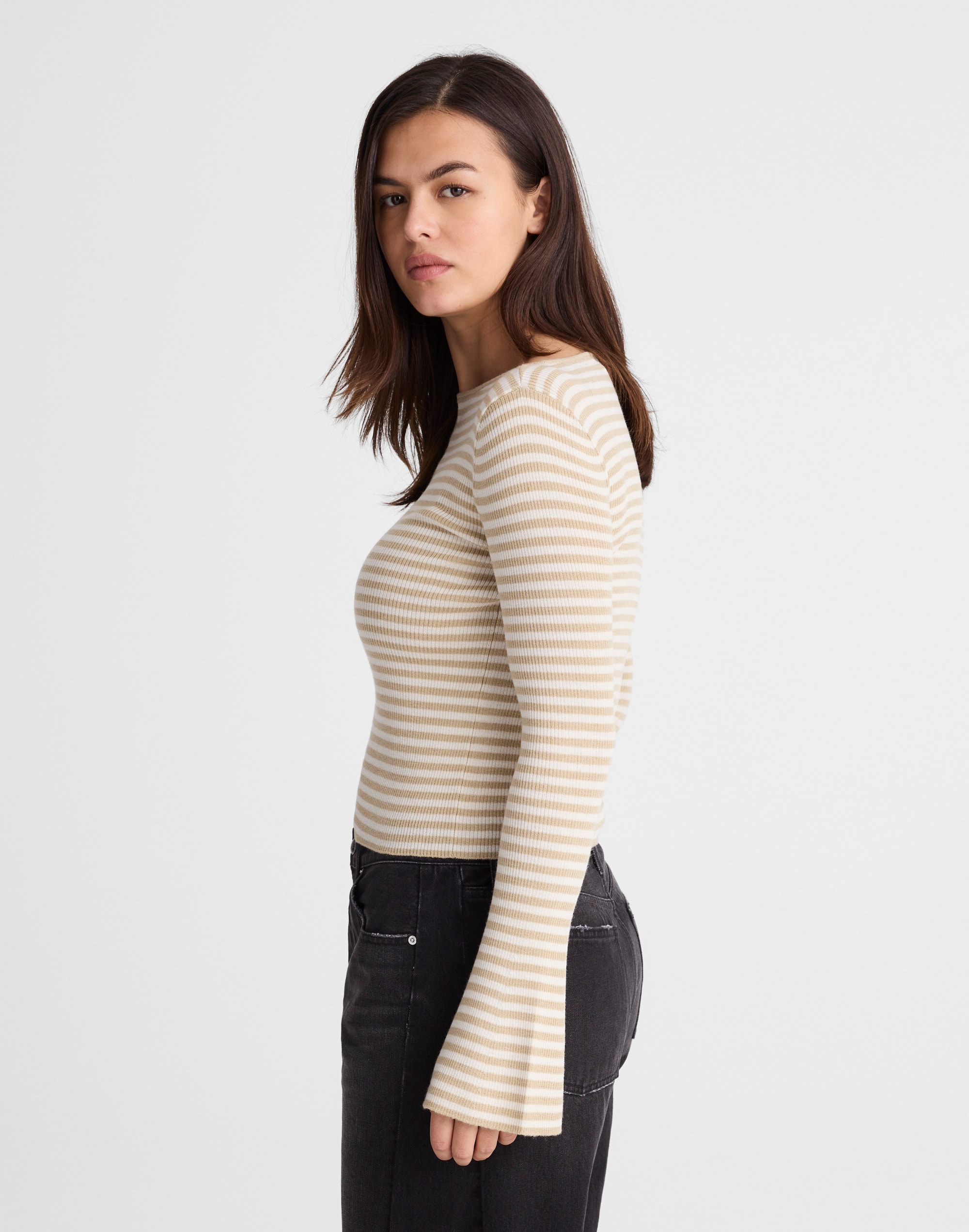 Flared-Sleeve Boatneck Sweater in Merino Wool-Silk Blend