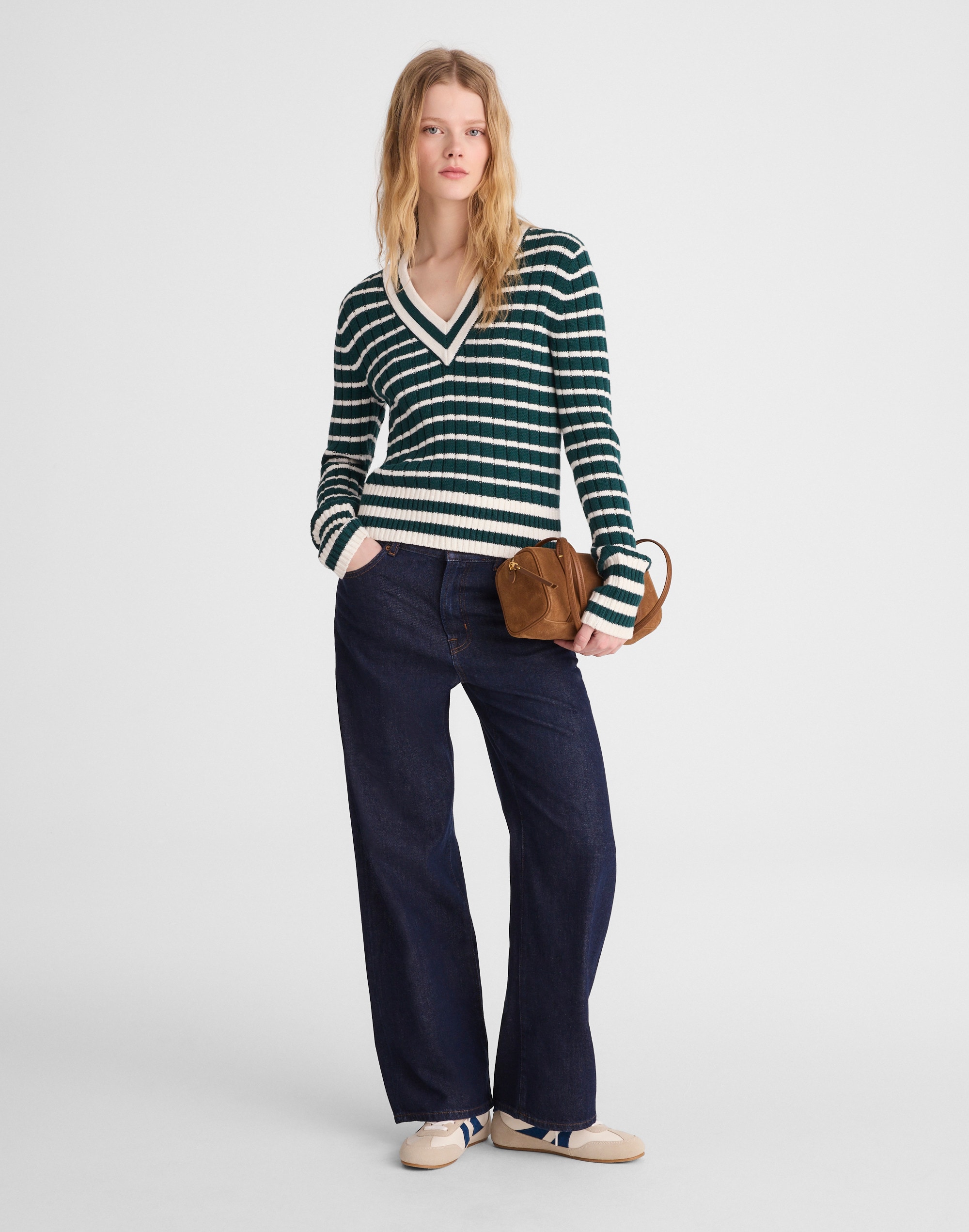 Striped Shrunken V-Neck Varsity Sweater