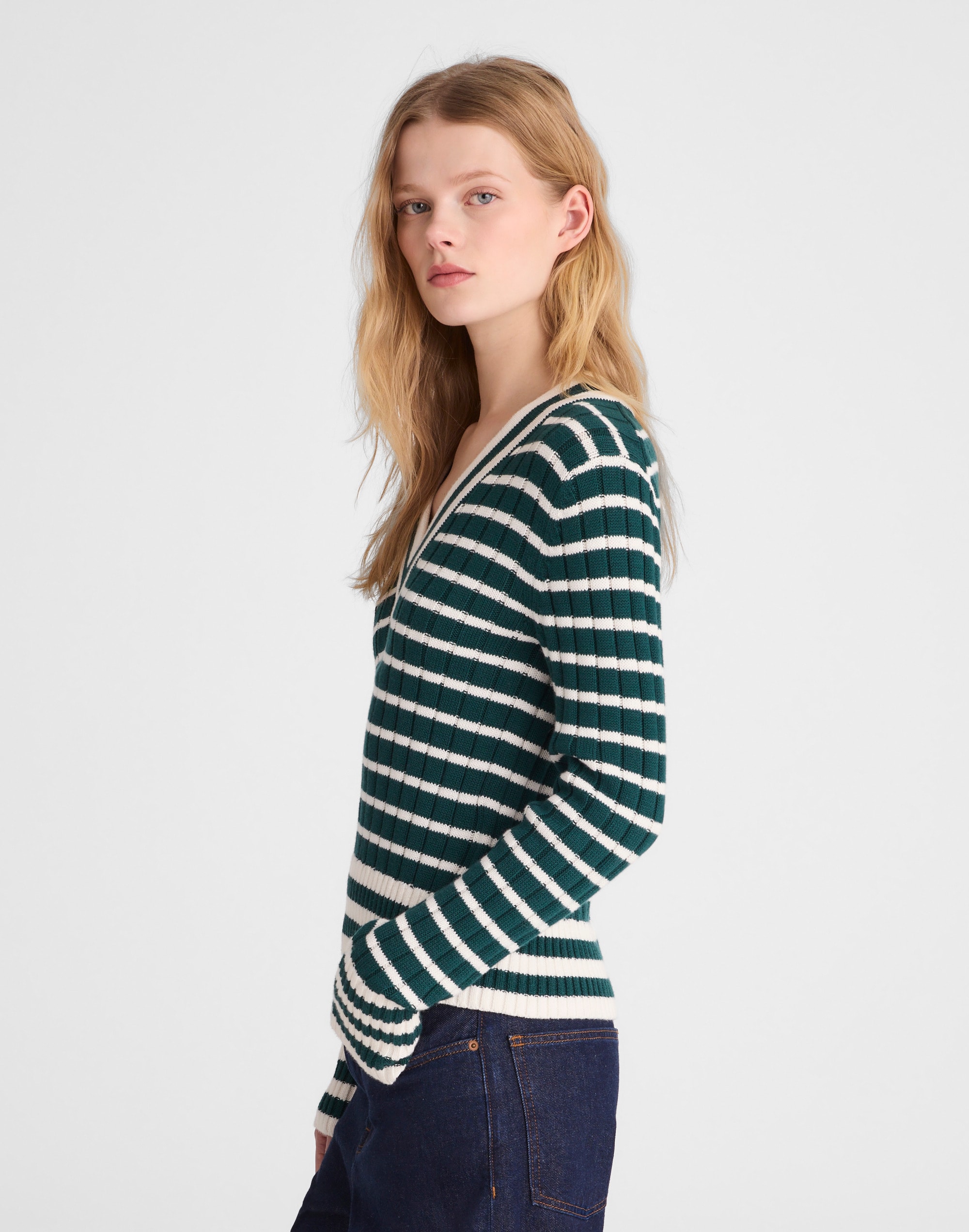 Striped Shrunken V-Neck Varsity Sweater