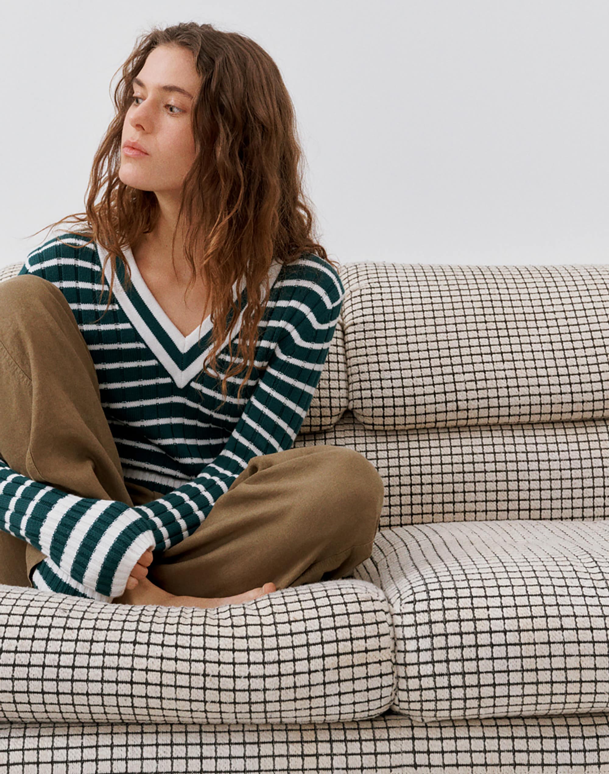 Striped Shrunken V-Neck Varsity Sweater