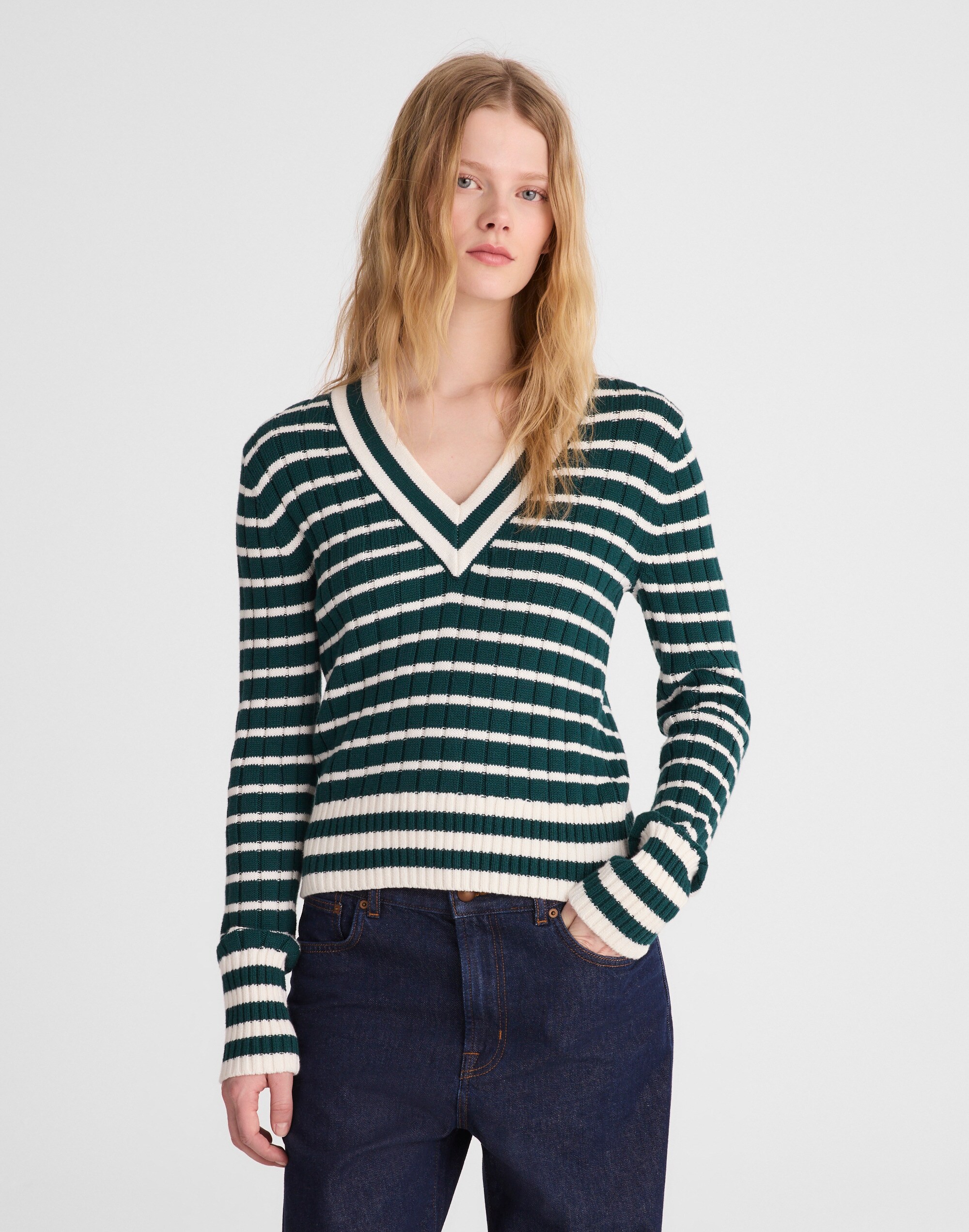 Striped Shrunken V-Neck Varsity Sweater