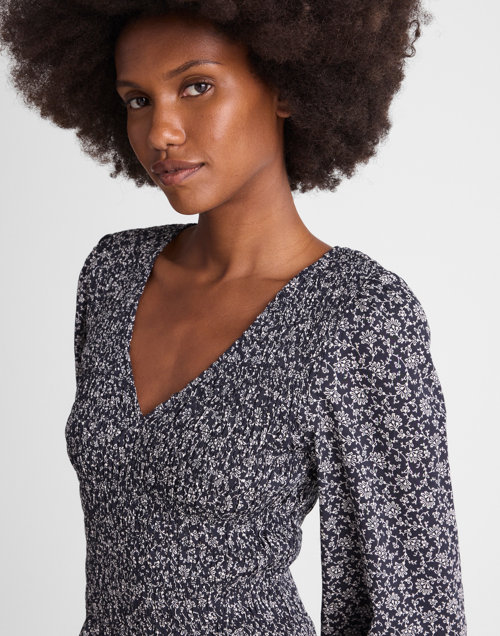 Smocked V-Neck Midi Dress