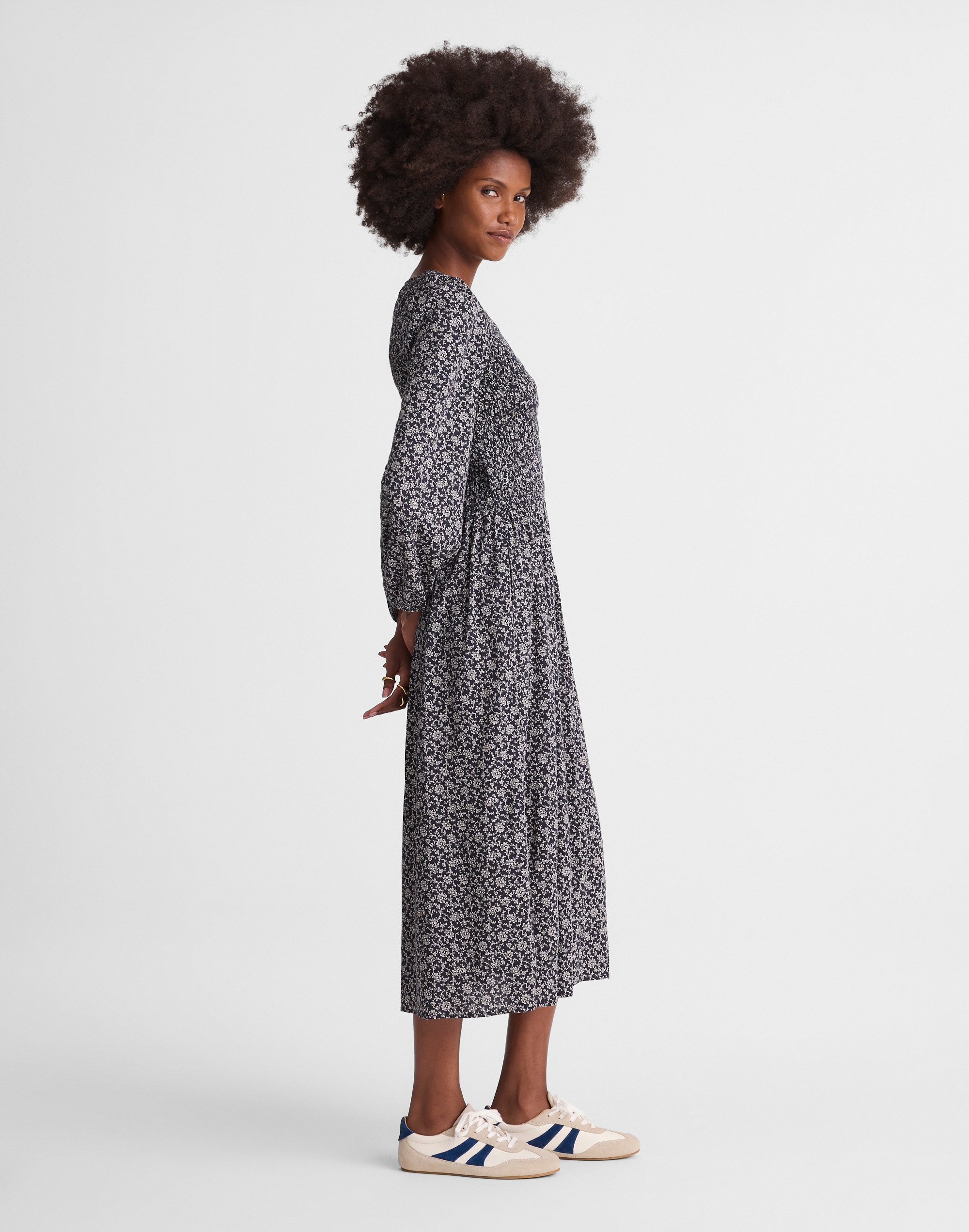 Smocked V-Neck Midi Dress