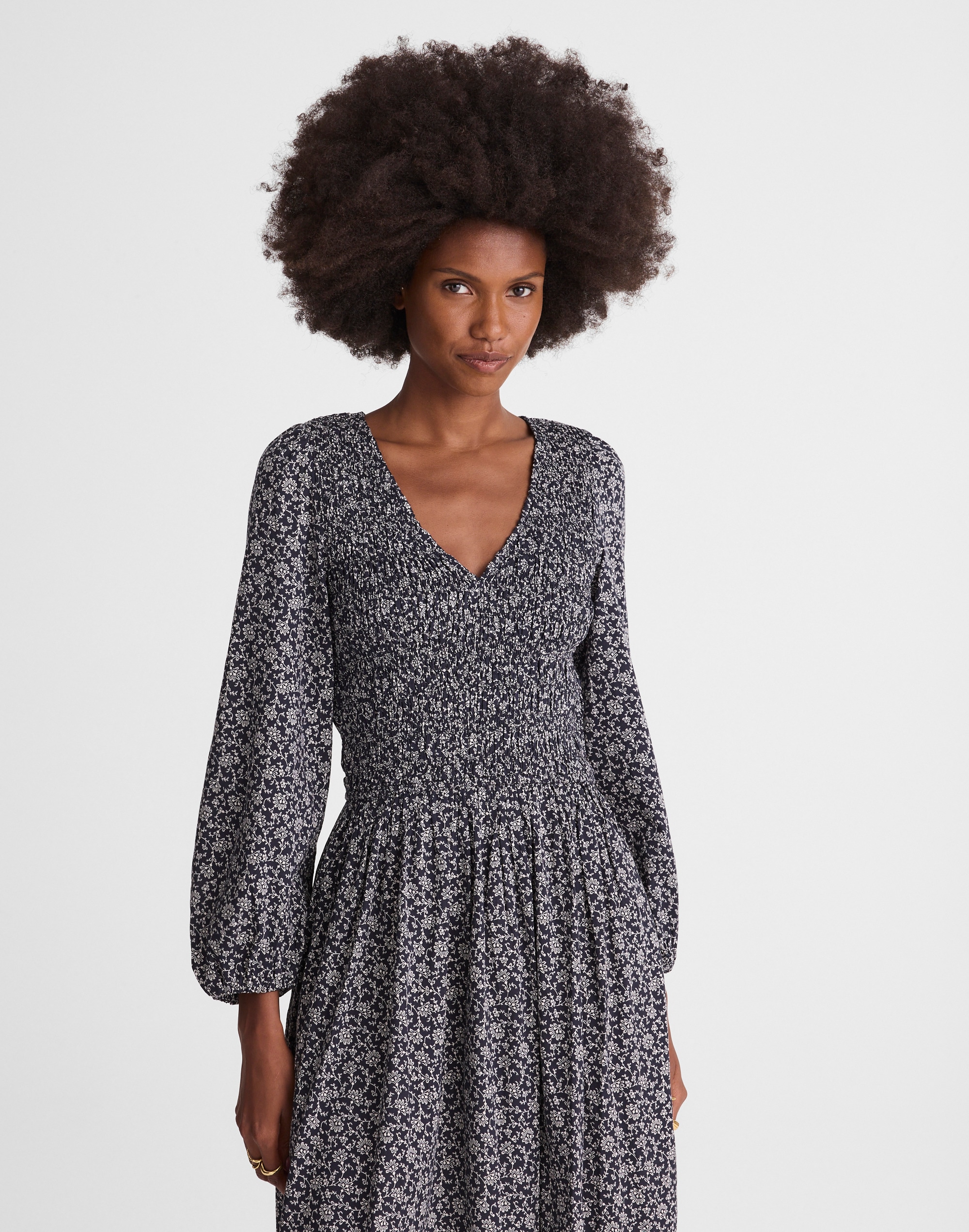 Smocked V-Neck Midi Dress