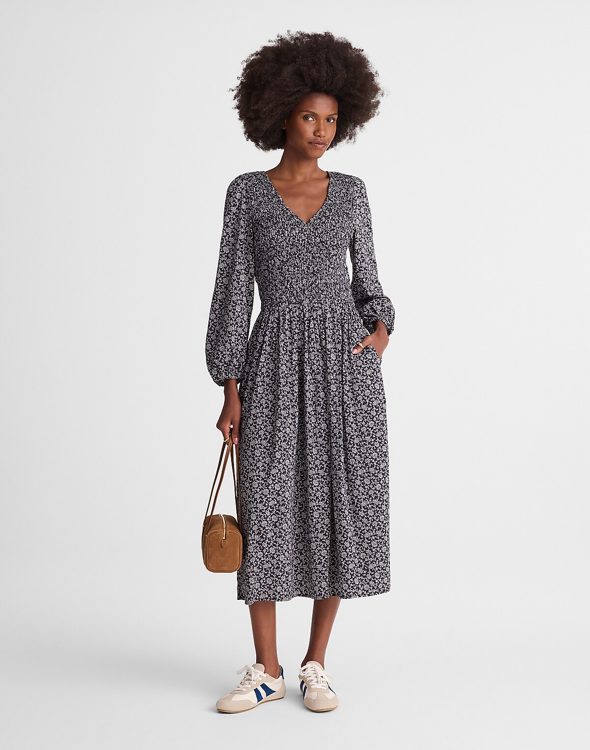 Smocked V-Neck Midi Dress