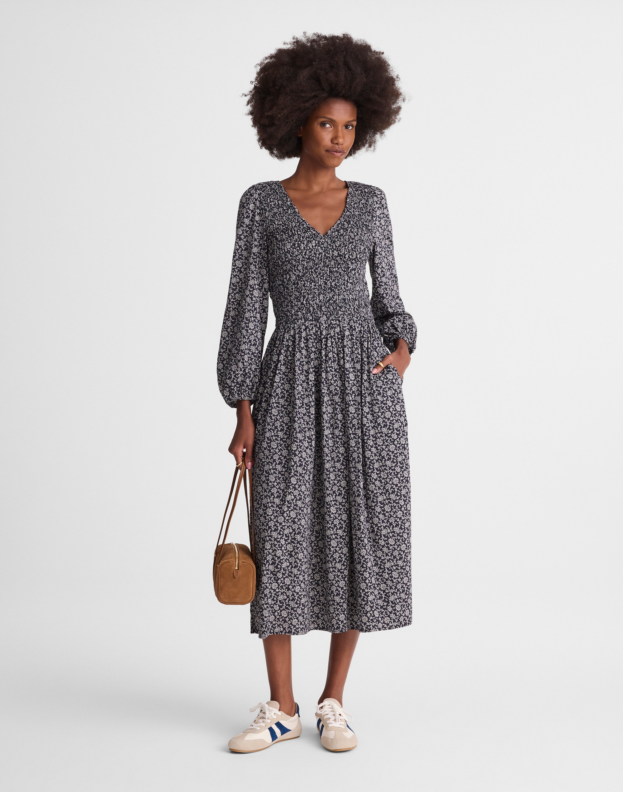 smocked v-neck midi dress