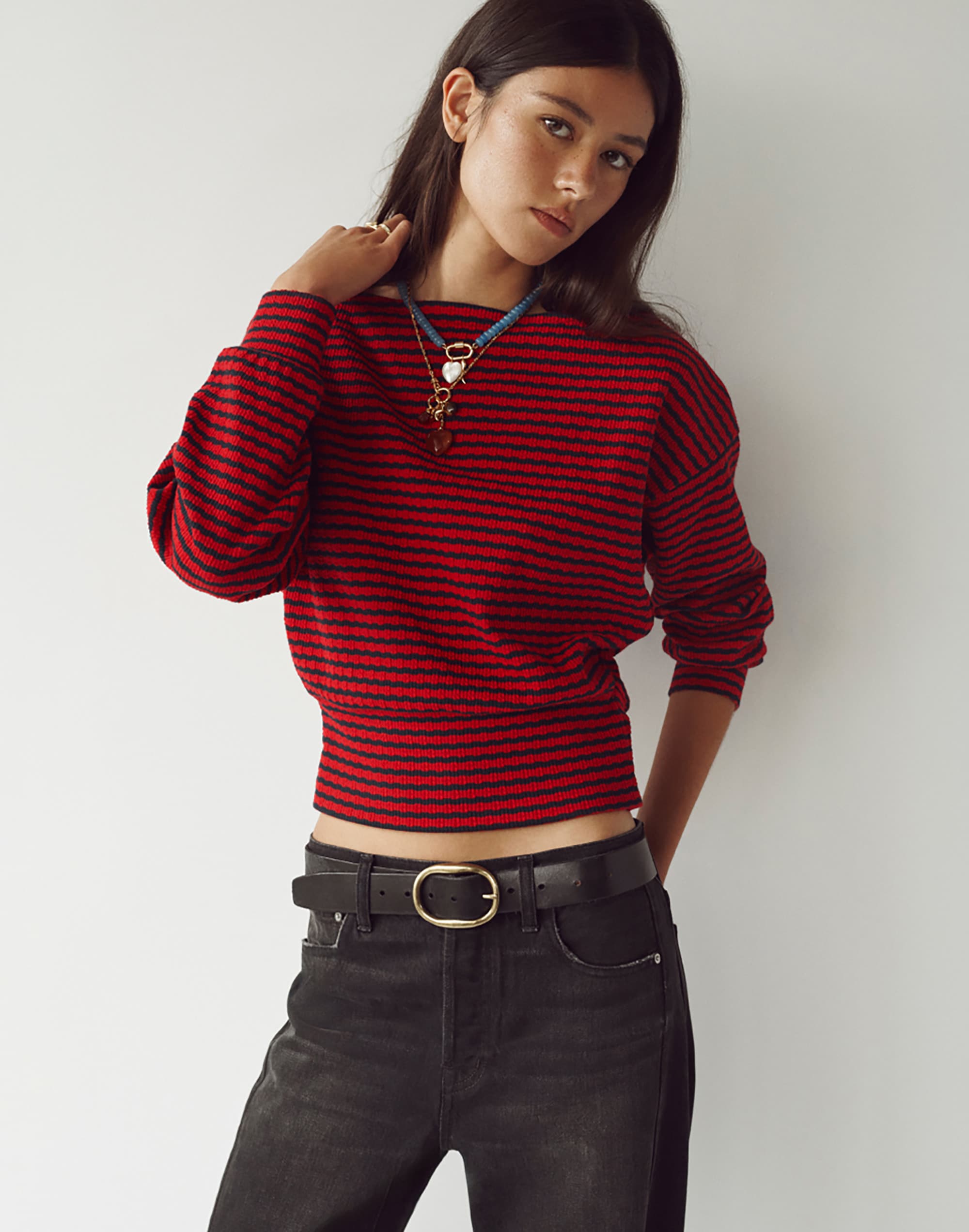 Textural-Stitch Boatneck Top