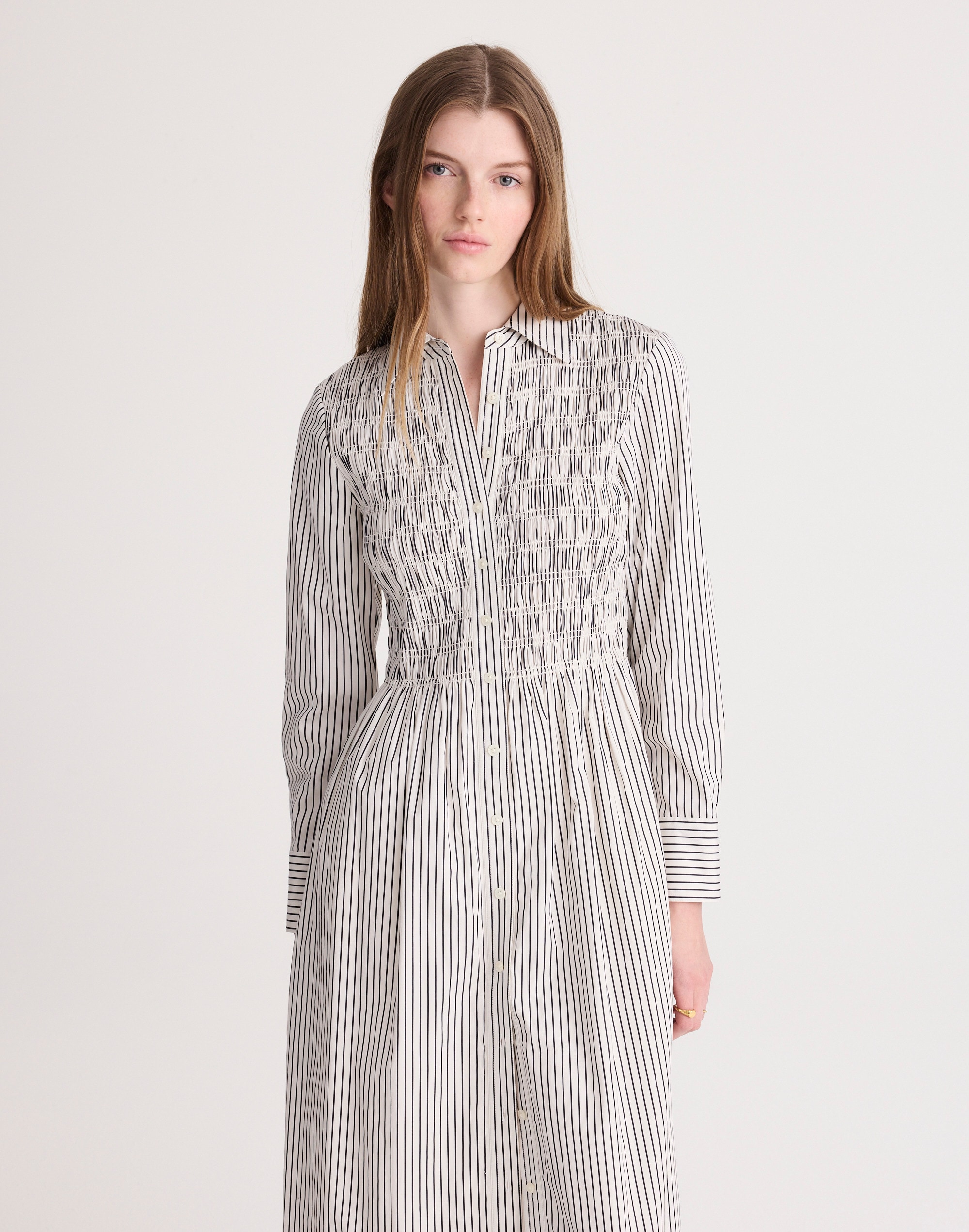 Smocked Midi Shirtdress in Poplin