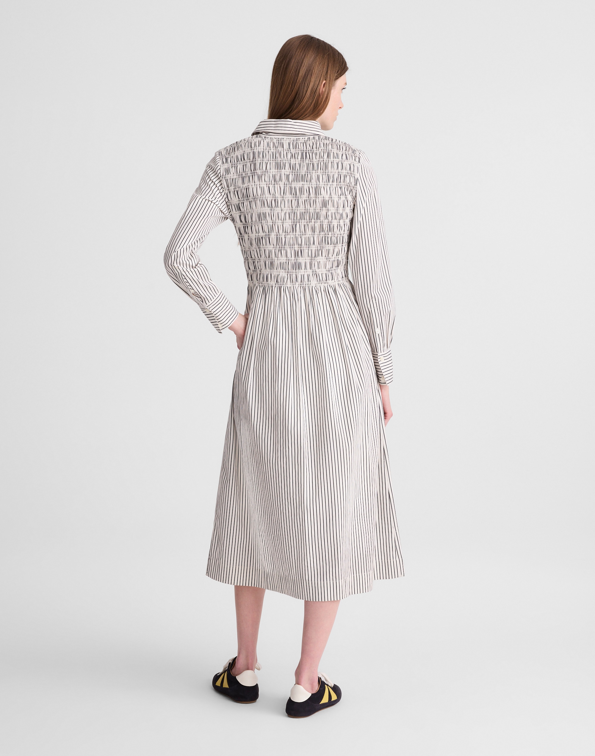 Smocked Midi Shirtdress in Poplin