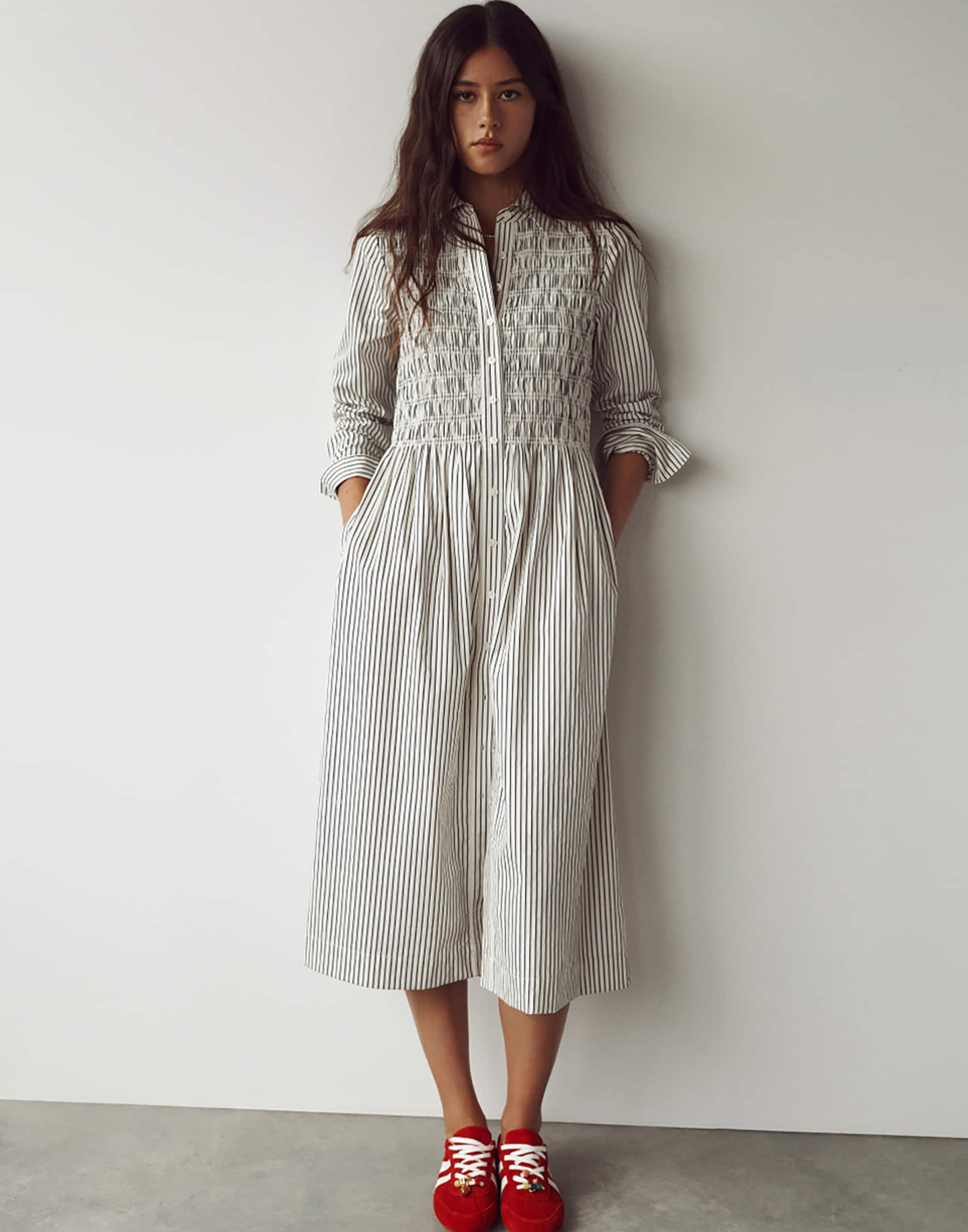 Smocked Midi Shirtdress in Poplin