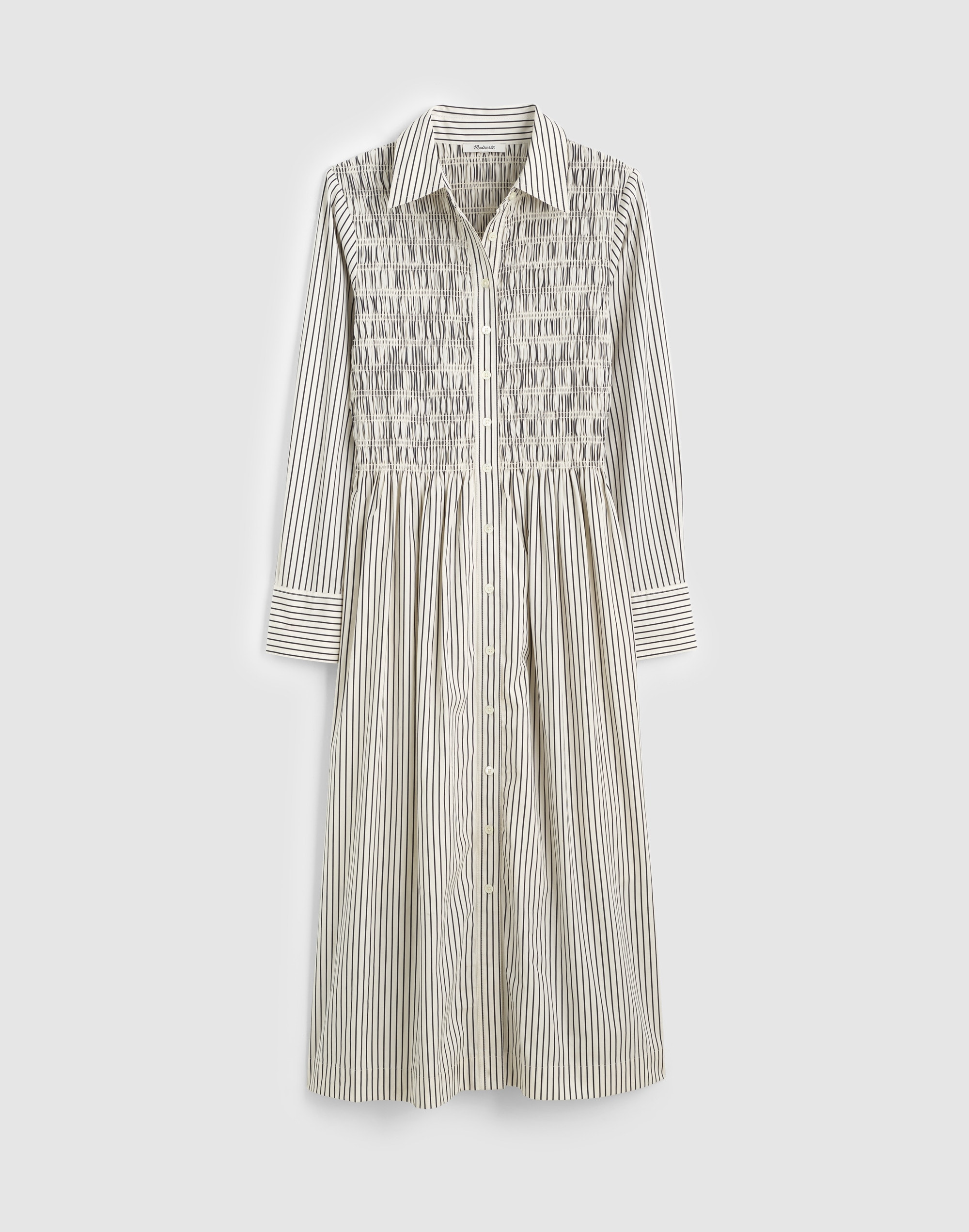 Smocked Midi Shirtdress in Poplin