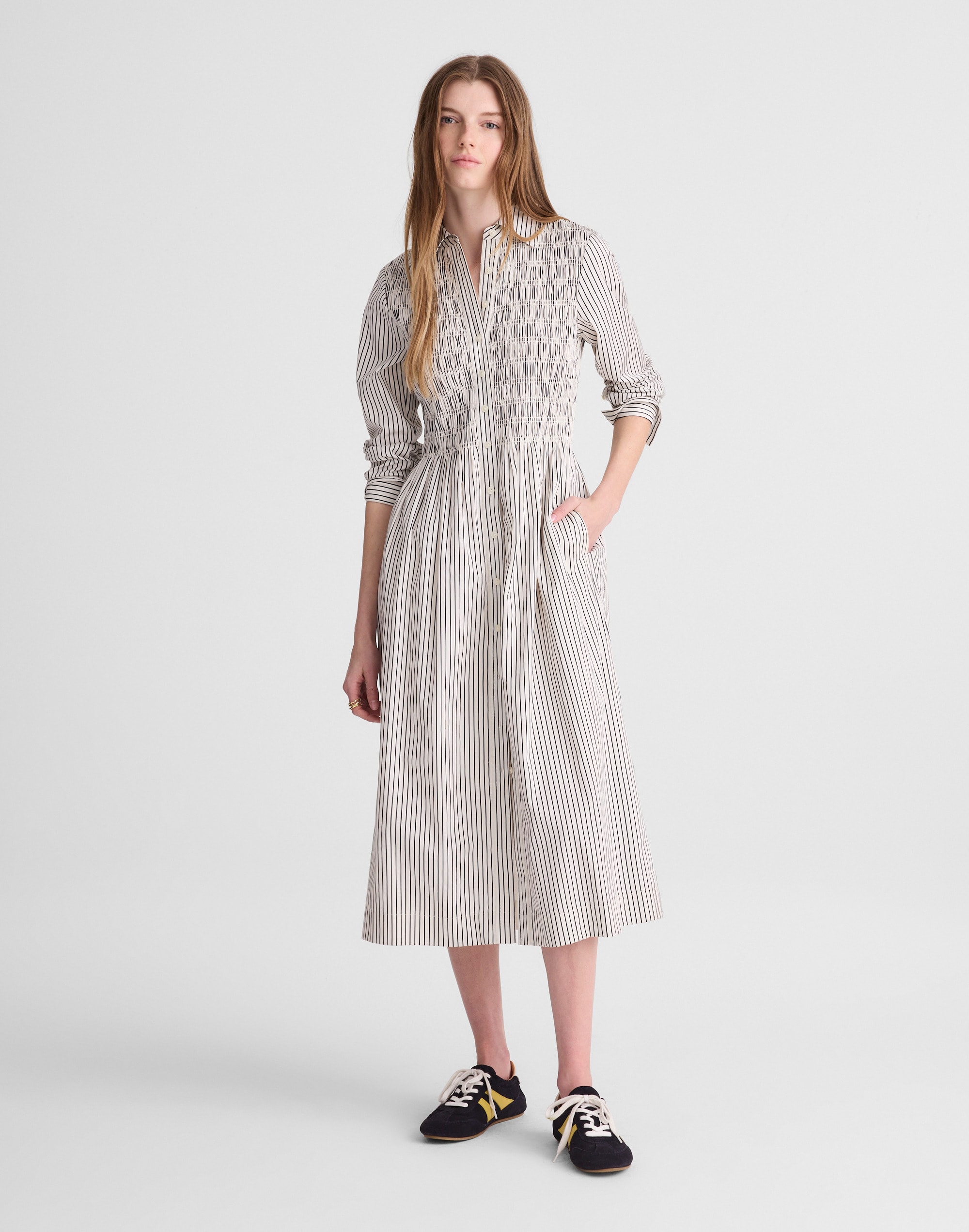 Smocked Midi Shirtdress in Poplin