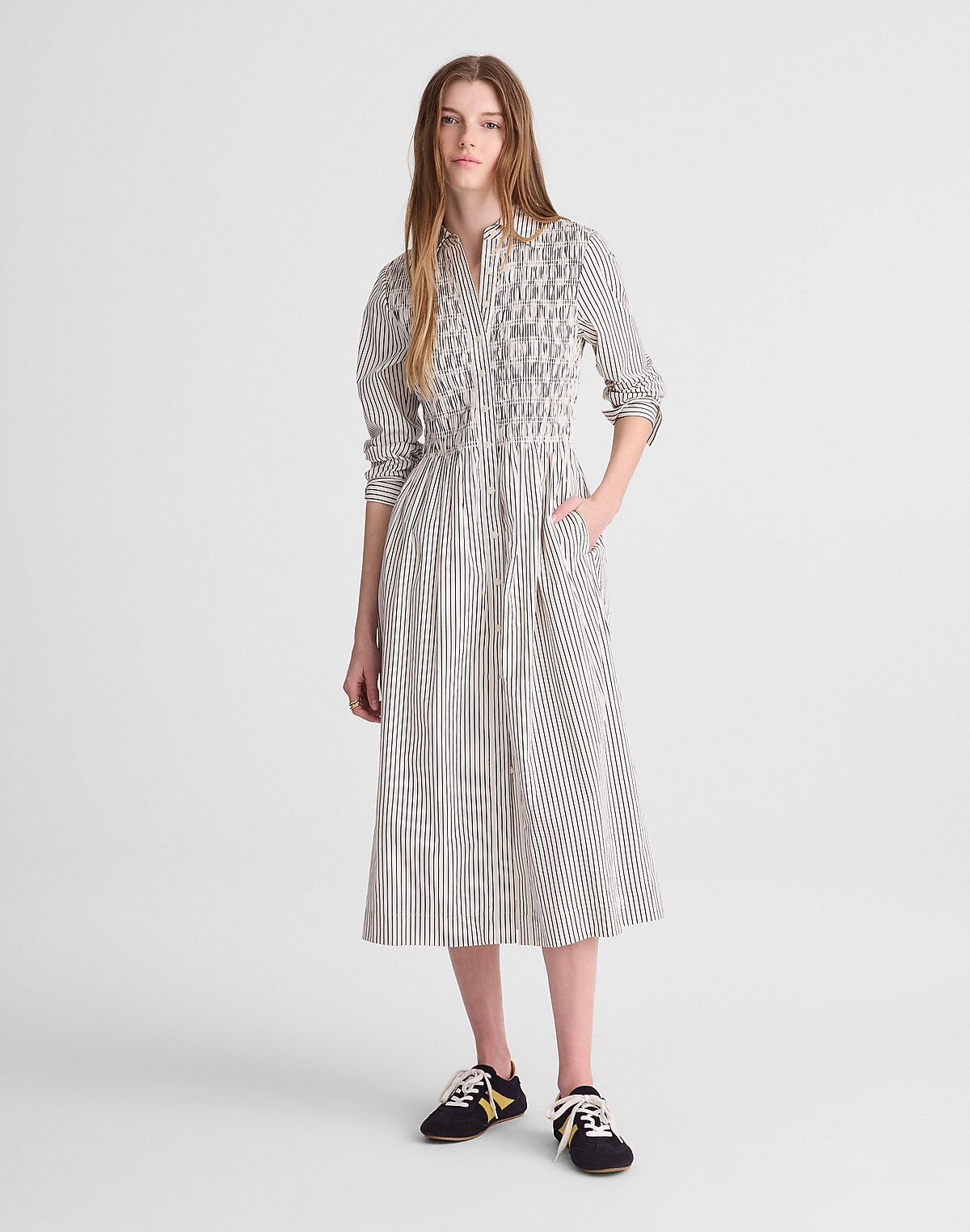 Smocked Midi Shirtdress in Poplin