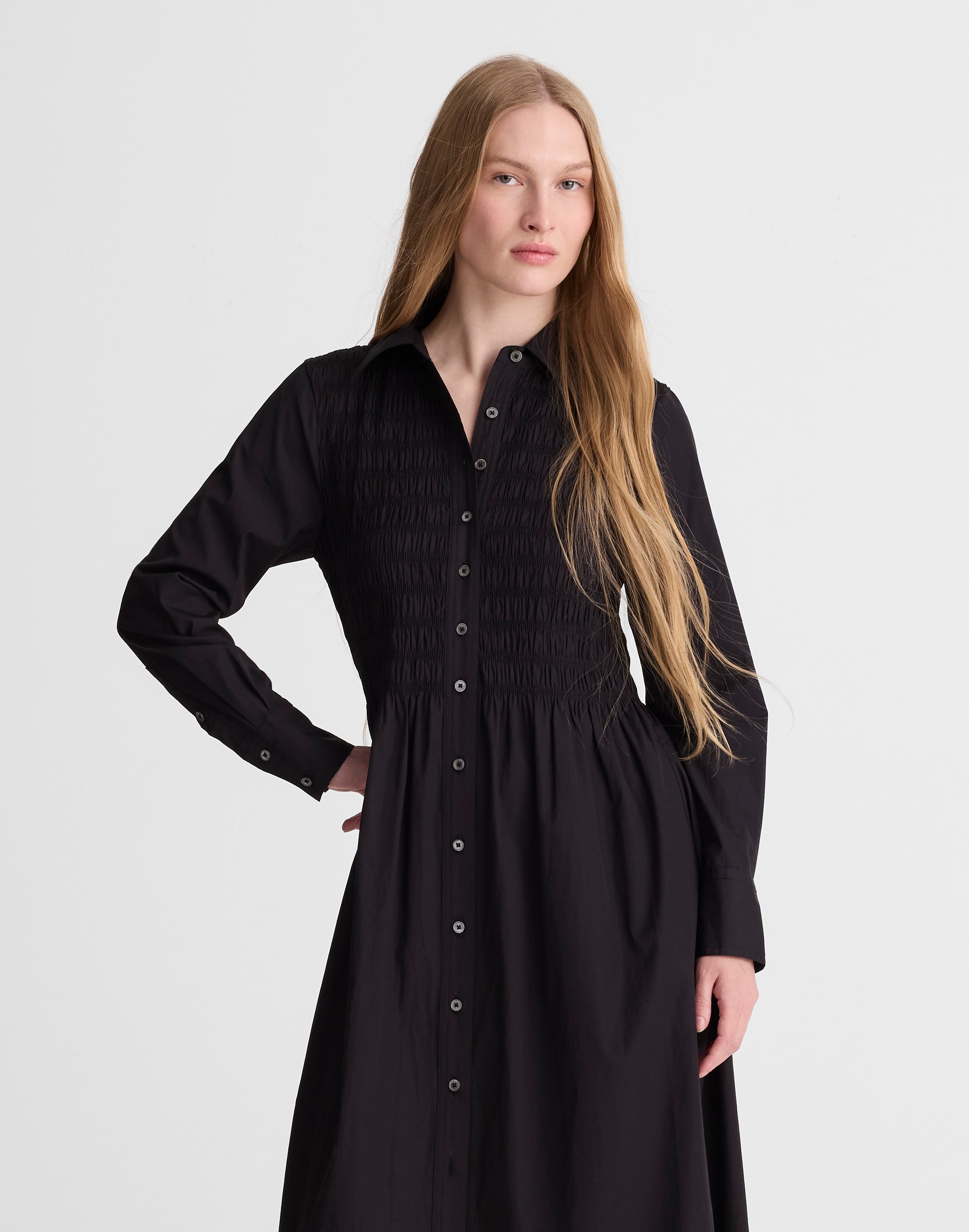 Smocked Midi Shirtdress in Poplin