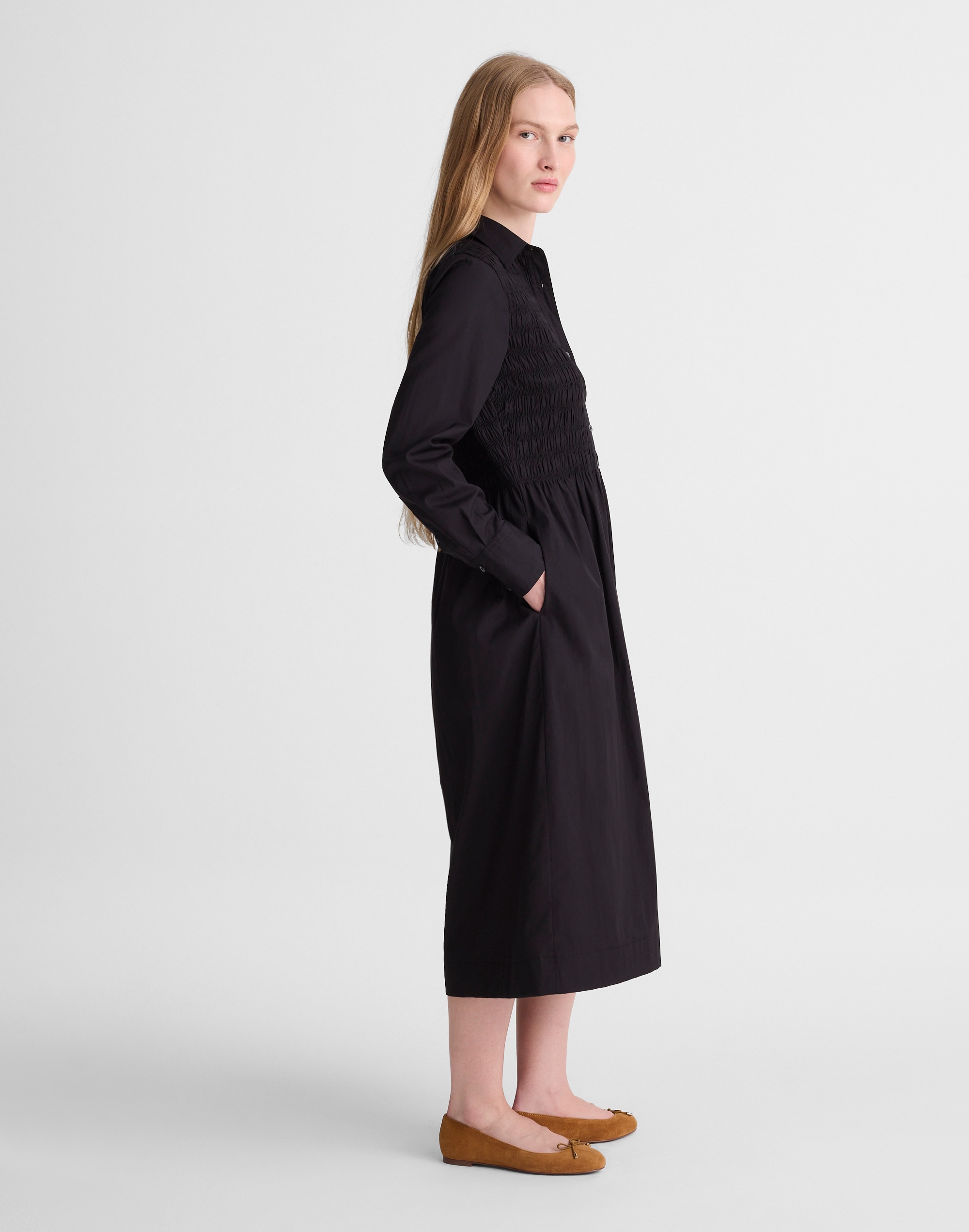 Smocked Midi Shirtdress in Poplin